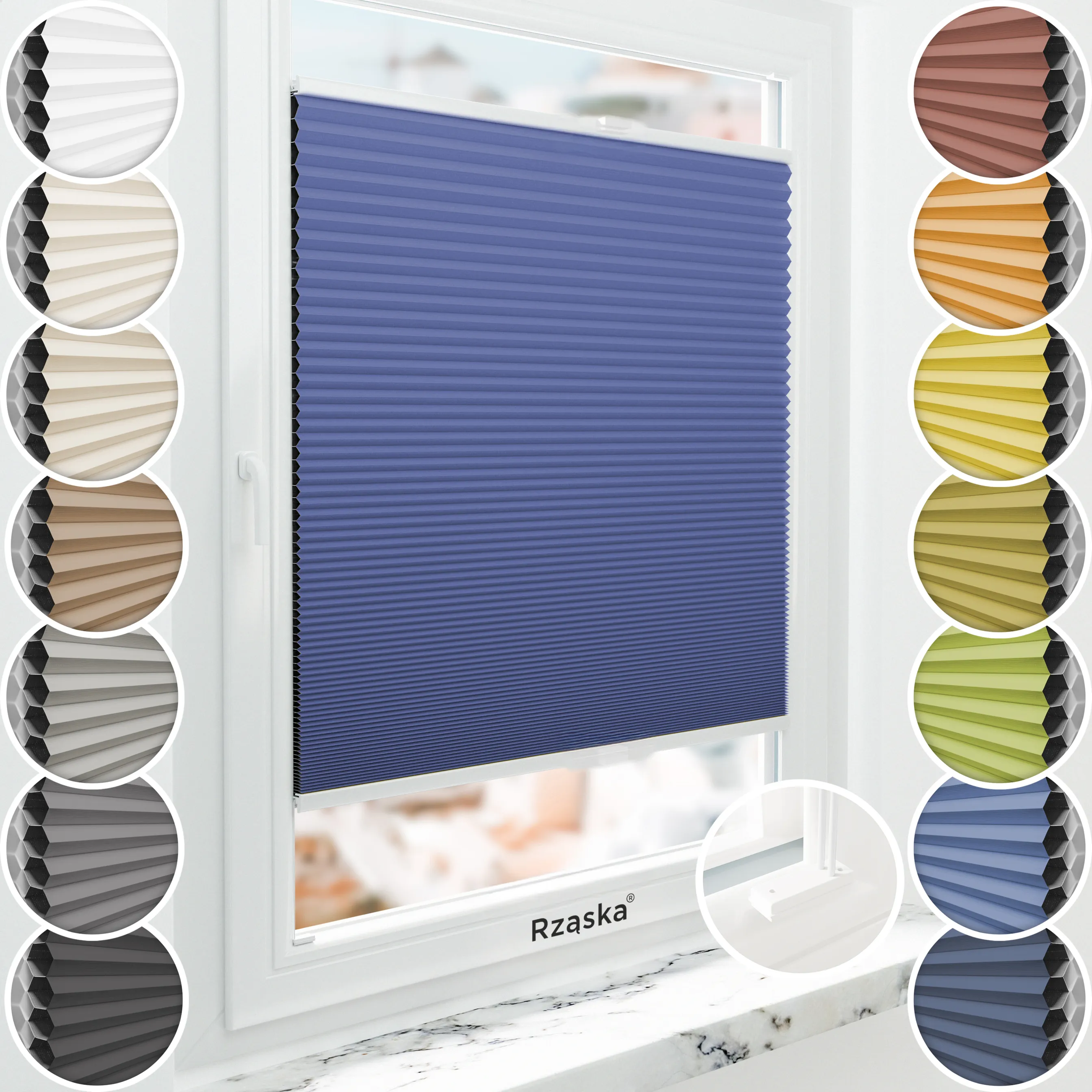 Inwazyjne plisy, rolety termoizolacyjne Rząska® na wymiar o strukturze plastra miodu kolekcja Honeycomb w kolorze Linia horyzontu, niebieskim z profilem białym.