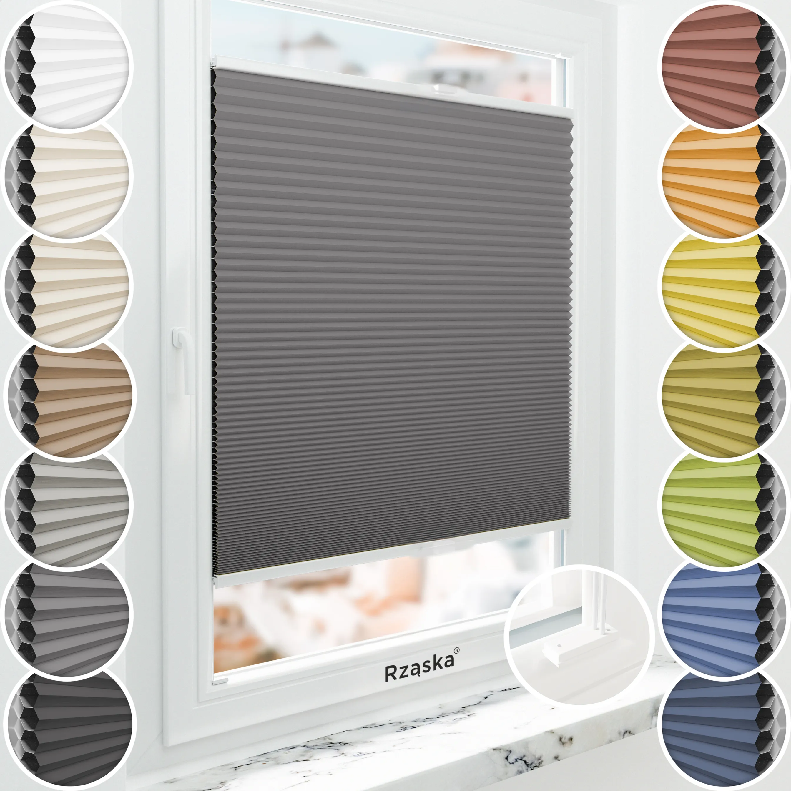 Inwazyjne plisy, rolety termoizolacyjne Rząska® na wymiar o strukturze plastra miodu kolekcja Honeycomb w kolorze Tango o zmierzchu, szarym z profilem białym.