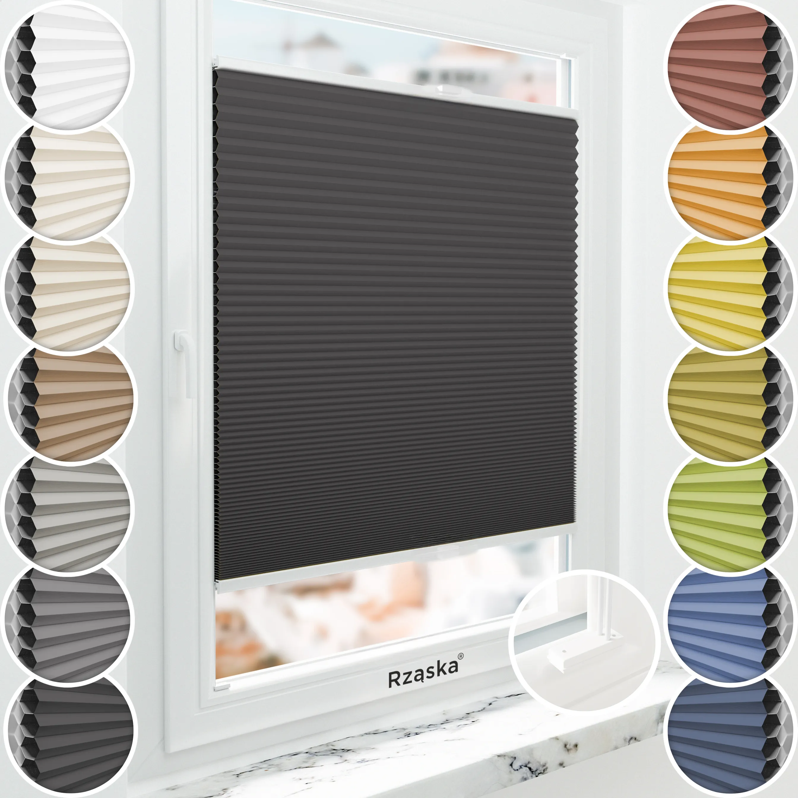 Inwazyjne plisy, rolety termoizolacyjne Rząska® na wymiar o strukturze plastra miodu kolekcja Honeycomb w kolorze Gwiaździsta noc, czarnym z profilem białym.