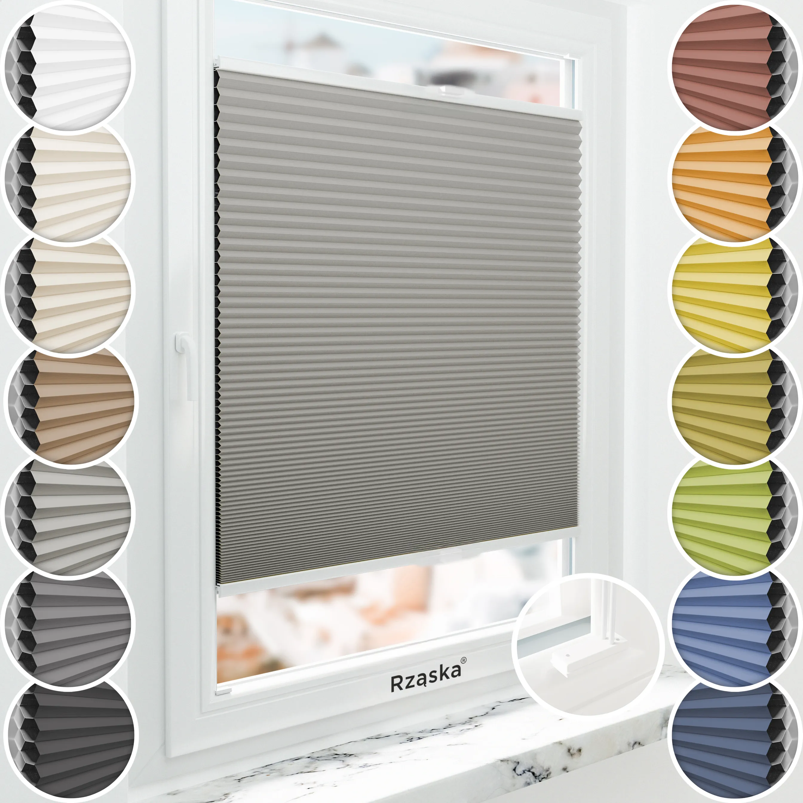 Inwazyjne plisy, rolety termoizolacyjne Rząska® na wymiar o strukturze plastra miodu kolekcja Honeycomb w kolorze Srebrna mgiełka, szarym z profilem białym.