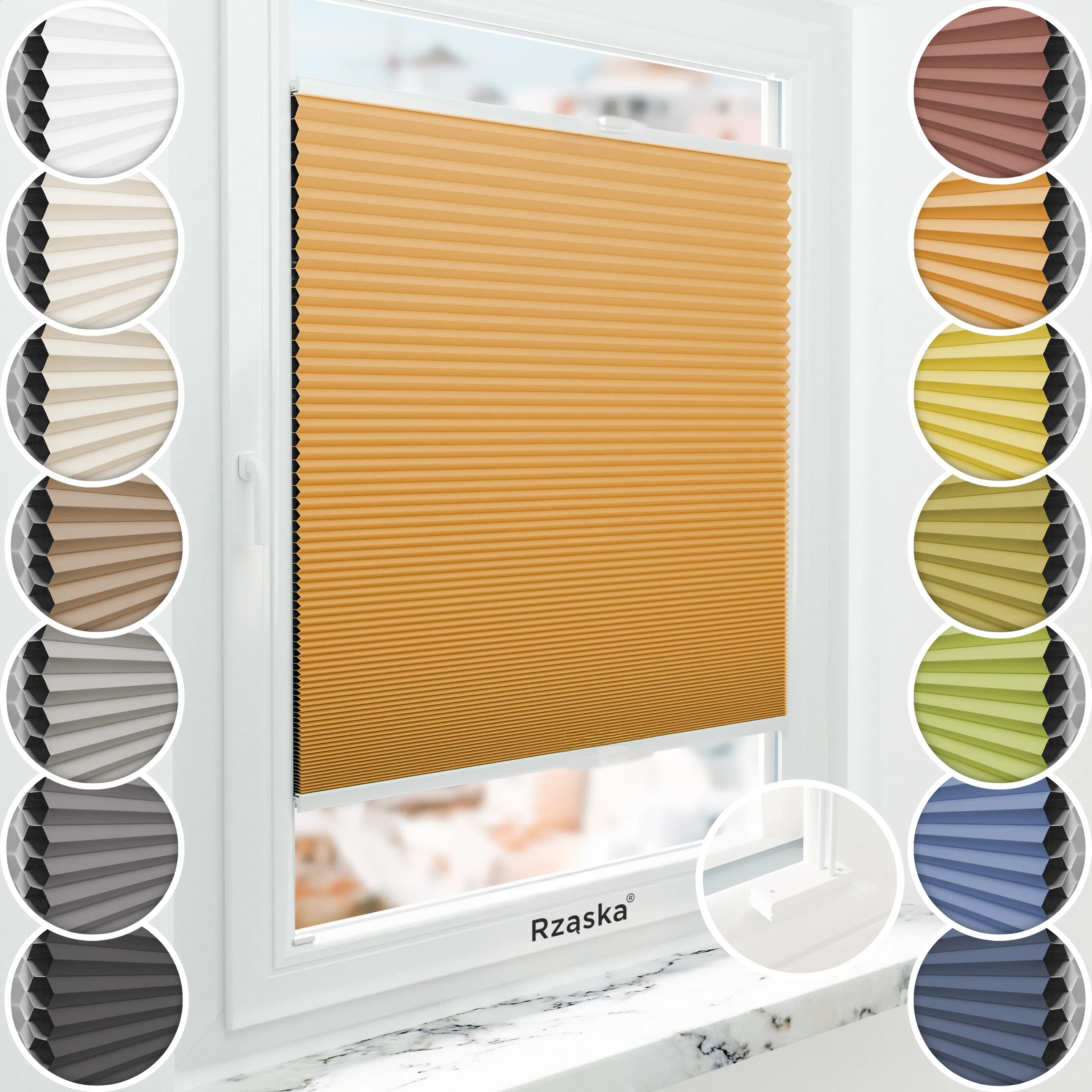 Inwazyjne plisy, rolety termoizolacyjne Rząska® na wymiar o strukturze plastra miodu kolekcja Honeycomb w kolorze Cytrusowa poświata, pomarańczowym z profilem białym.