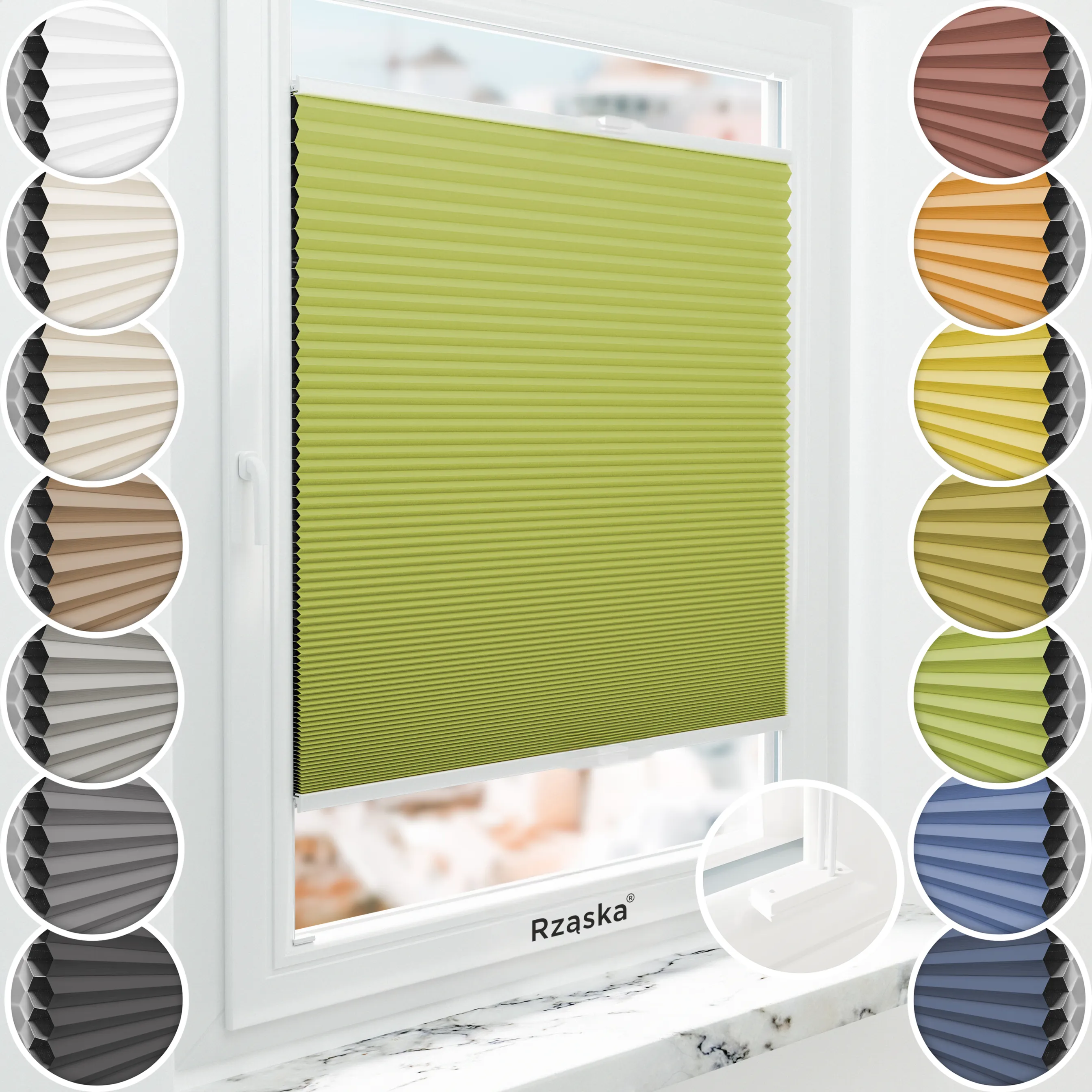 Inwazyjne plisy, rolety termoizolacyjne Rząska® na wymiar o strukturze plastra miodu kolekcja Honeycomb w kolorze Zielona herbata, zielonym z profilem białym.