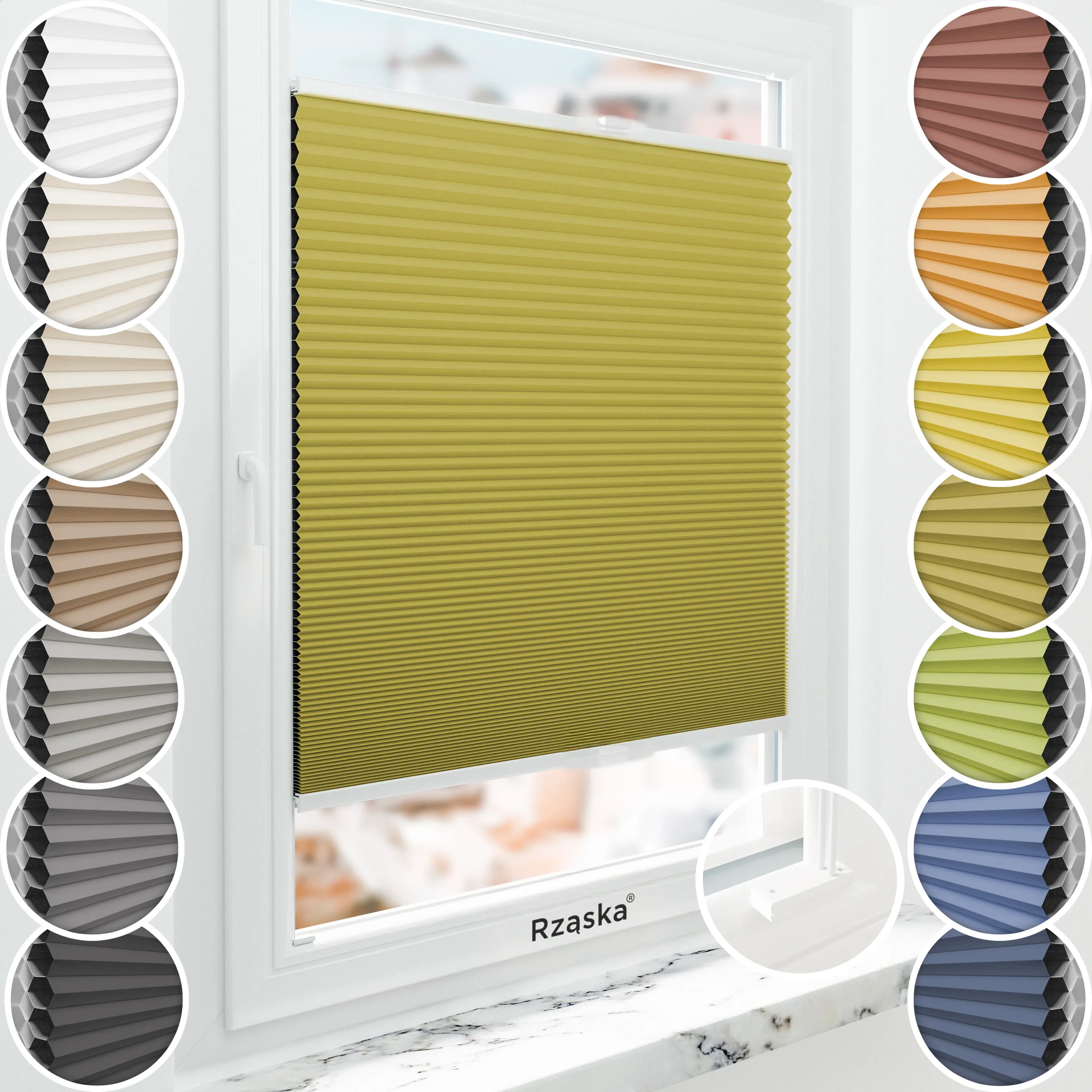 Inwazyjne plisy, rolety termoizolacyjne Rząska® na wymiar o strukturze plastra miodu kolekcja Honeycomb w kolorze Gałązka oliwna, żółtym z profilem białym.