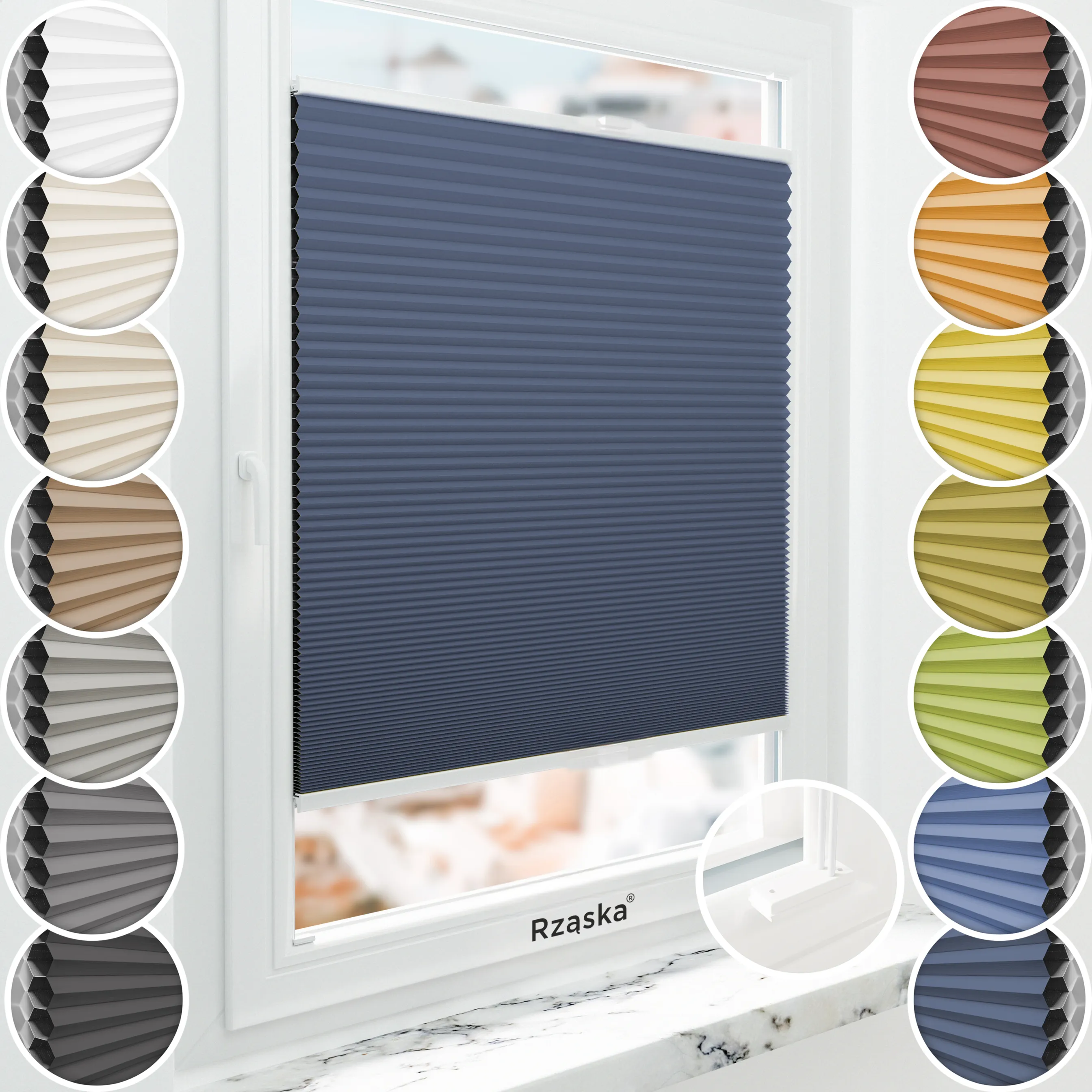 Inwazyjne plisy, rolety termoizolacyjne Rząska® na wymiar o strukturze plastra miodu kolekcja Honeycomb w kolorze Arktyczny ocean, ciemnoniebieskim z profilem białym.