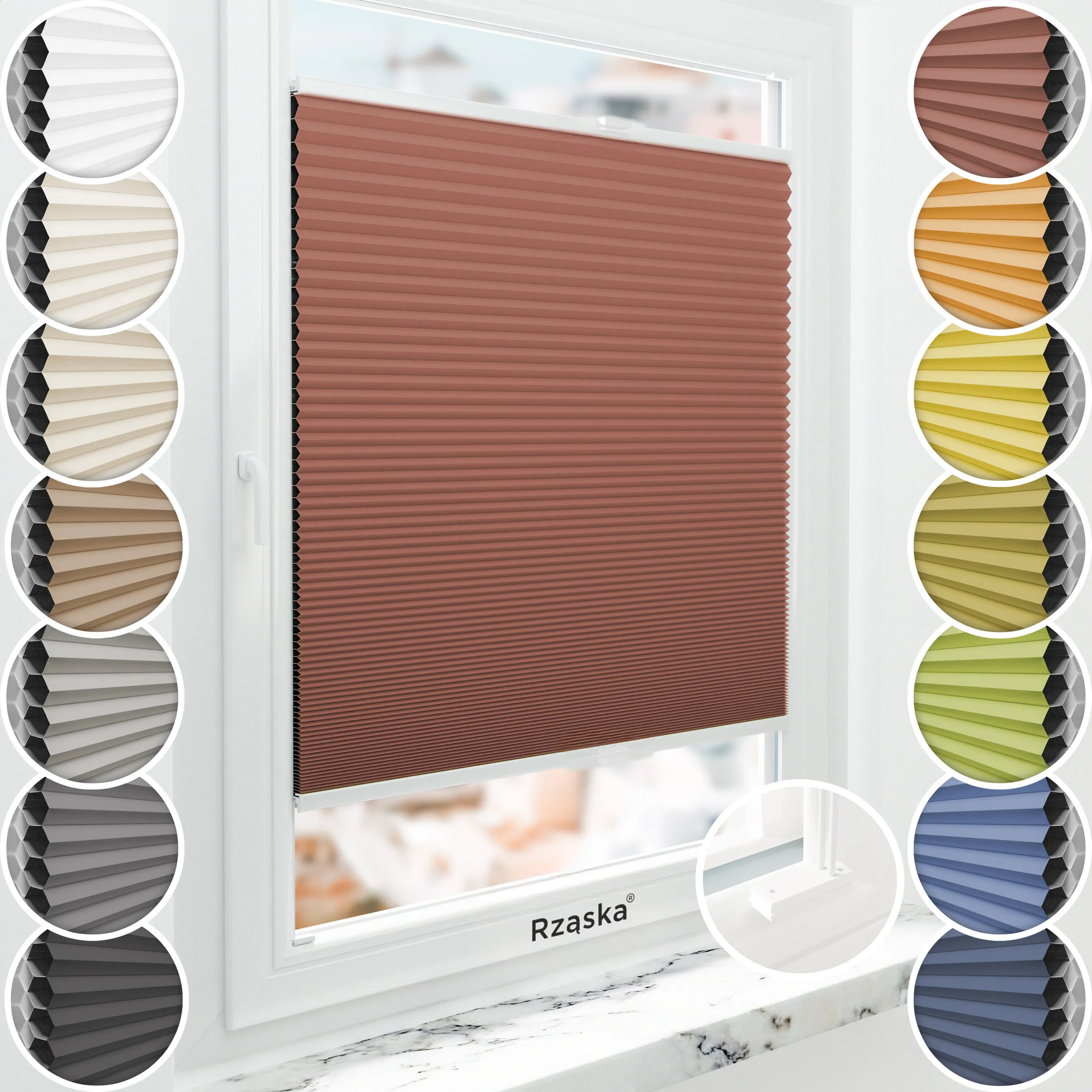 Inwazyjne plisy, rolety termoizolacyjne Rząska® na wymiar o strukturze plastra miodu kolekcja Honeycomb w kolorze Płatek maku, czerwonym z profilem białym.