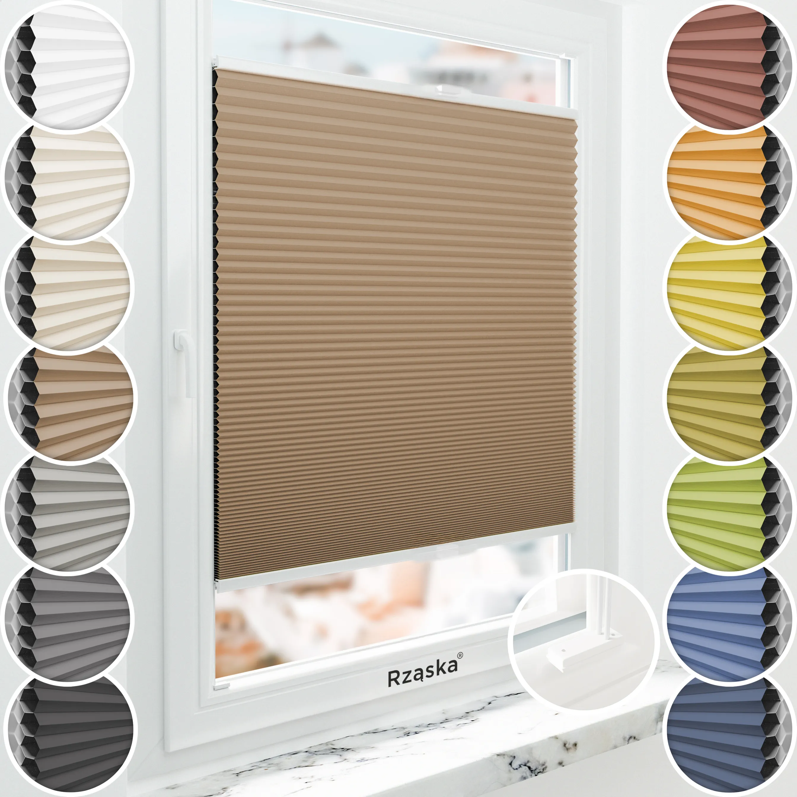 Inwazyjne plisy, rolety termoizolacyjne Rząska® na wymiar o strukturze plastra miodu kolekcja Honeycomb w kolorze Drewno klonowe, brązowym z profilem białym.