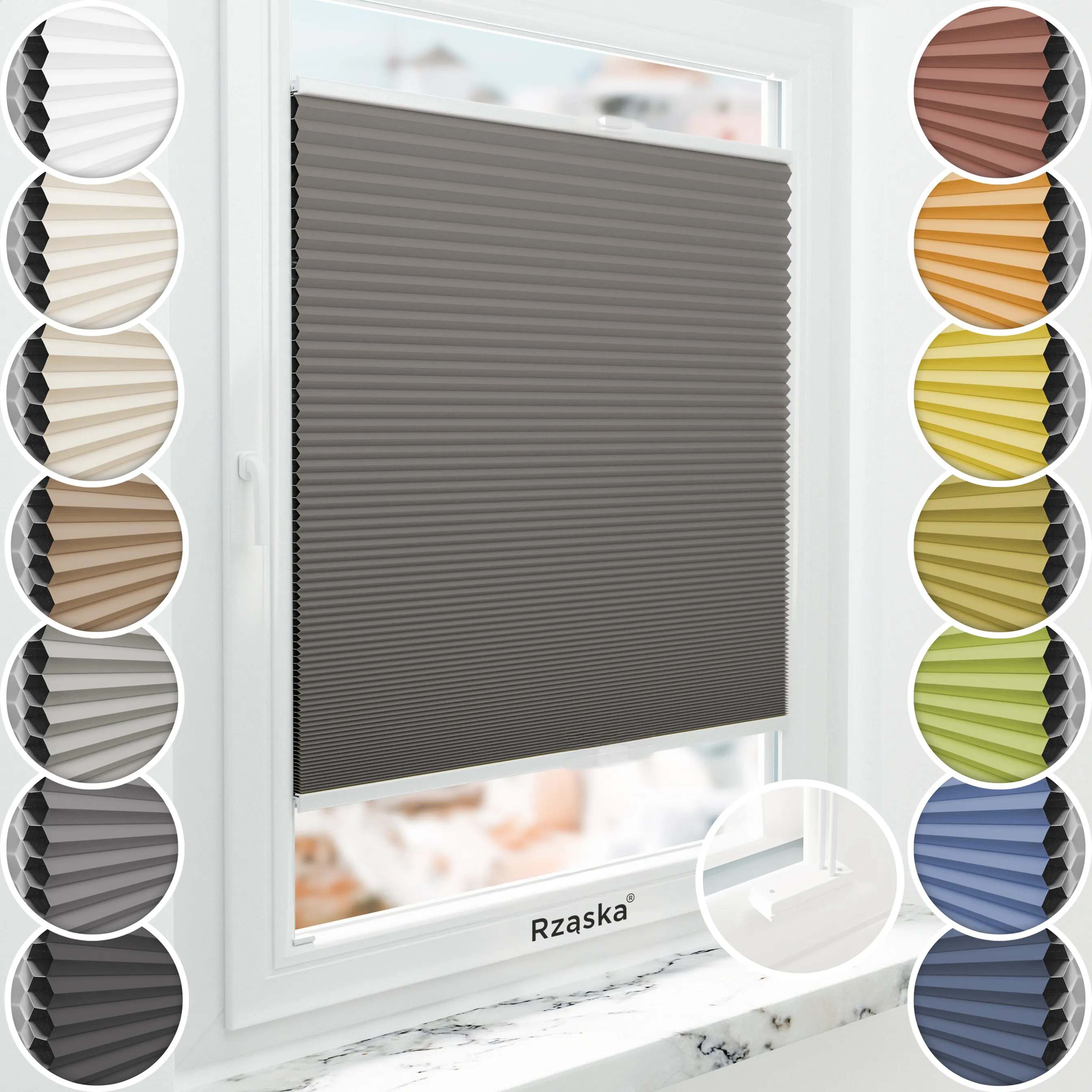 Inwazyjne plisy, rolety termoizolacyjne Rząska® na wymiar o strukturze plastra miodu kolekcja Honeycomb w kolorze Szwajcarska czekolada, szarobrązowym z profilem białym.