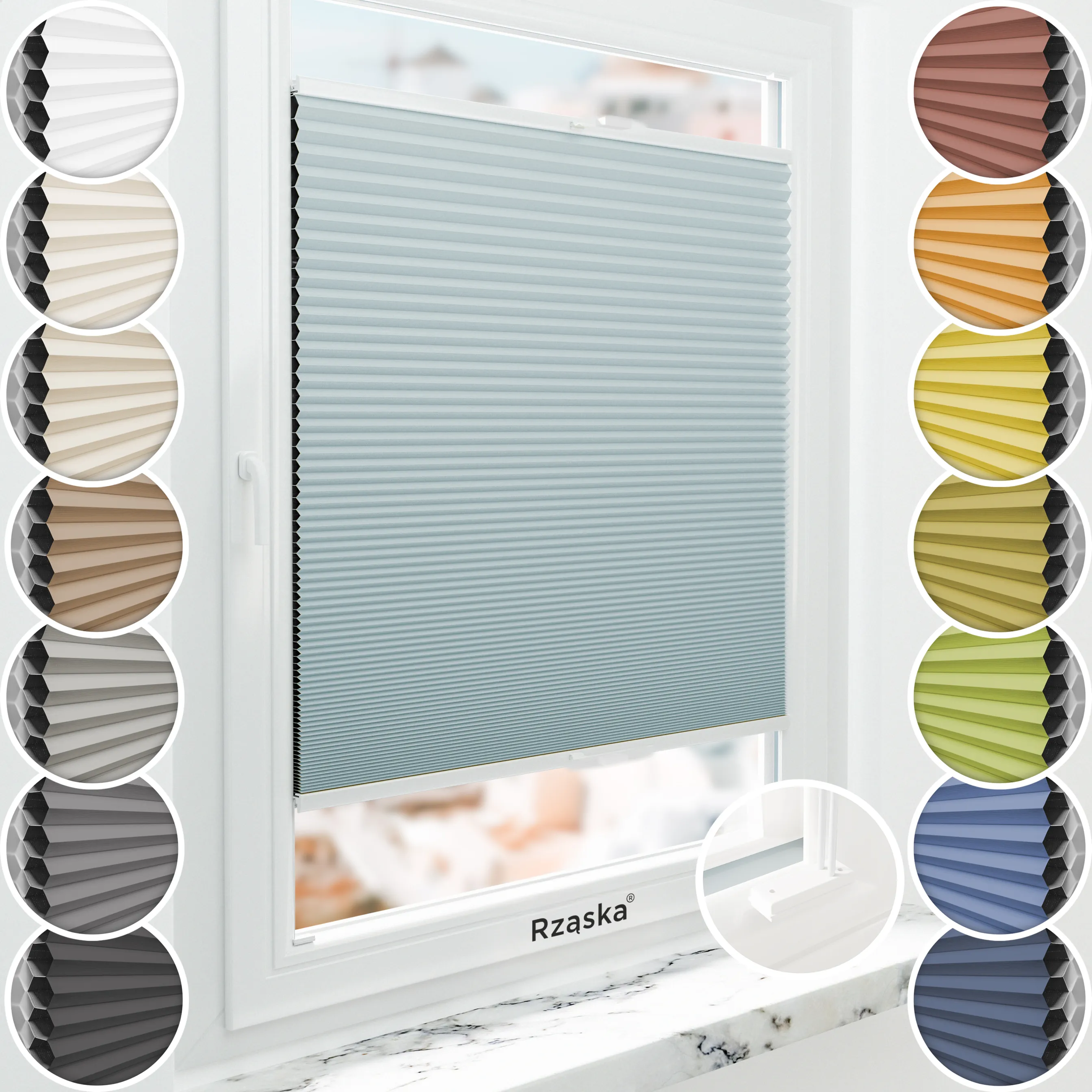 Inwazyjne plisy, rolety termoizolacyjne Rząska® na wymiar o strukturze plastra miodu kolekcja Honeycomb w kolorze Siódme niebo, pastelowy błękit z profilem białym.