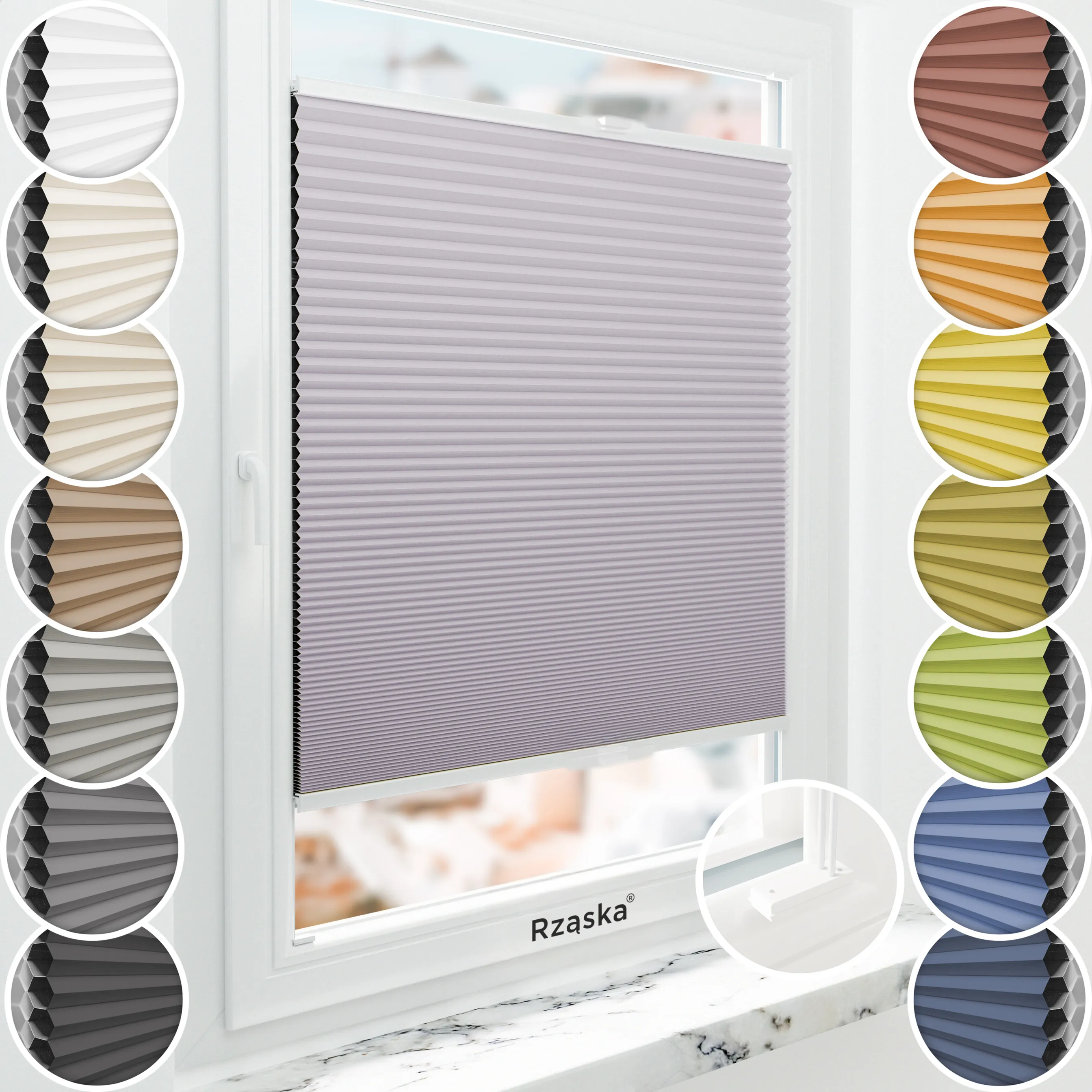 Inwazyjne plisy, rolety termoizolacyjne Rząska® na wymiar o strukturze plastra miodu kolekcja Honeycomb w kolorze Japońska Wiśnia, pastelowy fiolet z profilem białym.