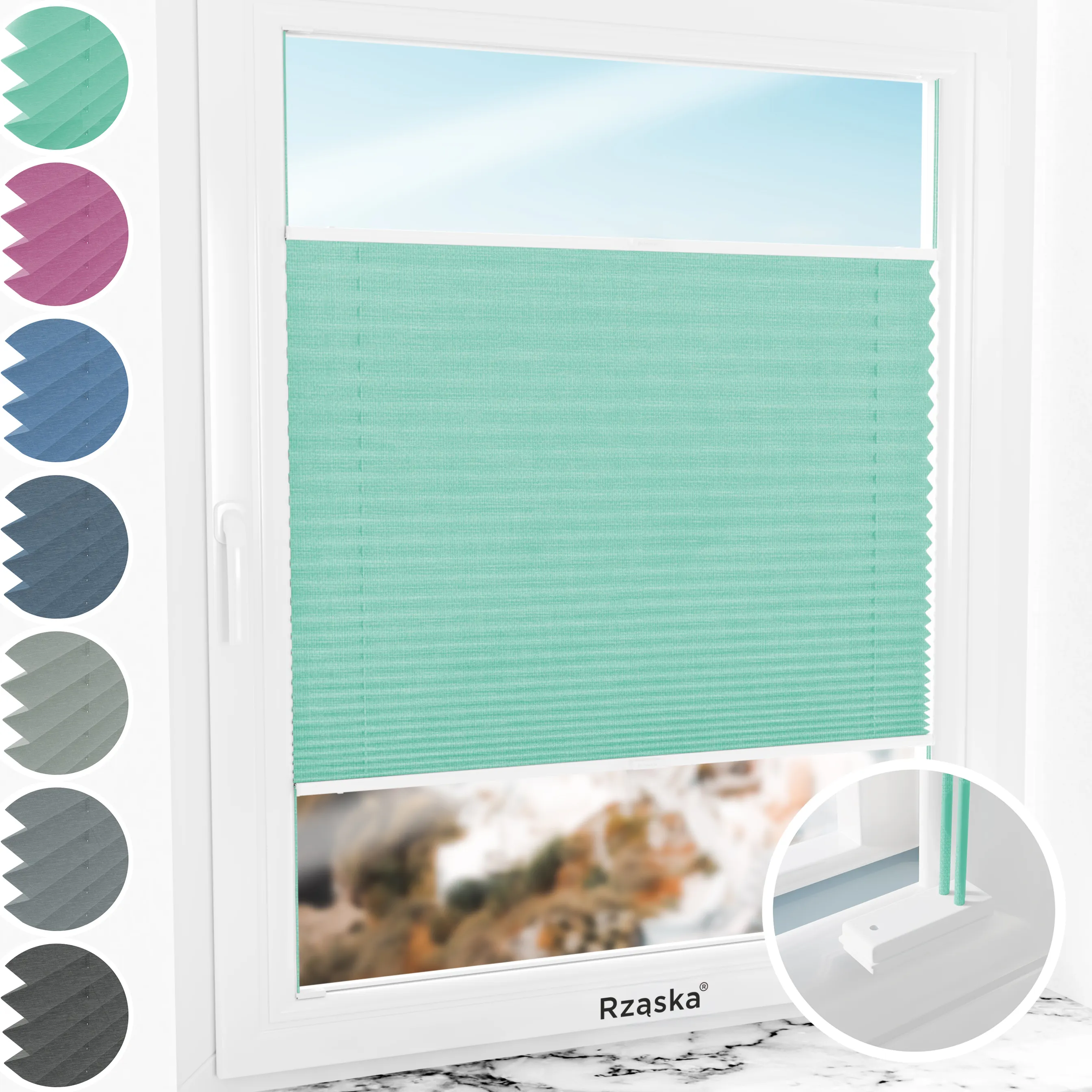 Inwazyjne rolety na okna Rząska® pod wymiar, uchwyty Risinfix do przykręcania, kolekcja Melange w kolorze Miętowe lody, zielonym z profilem białym.