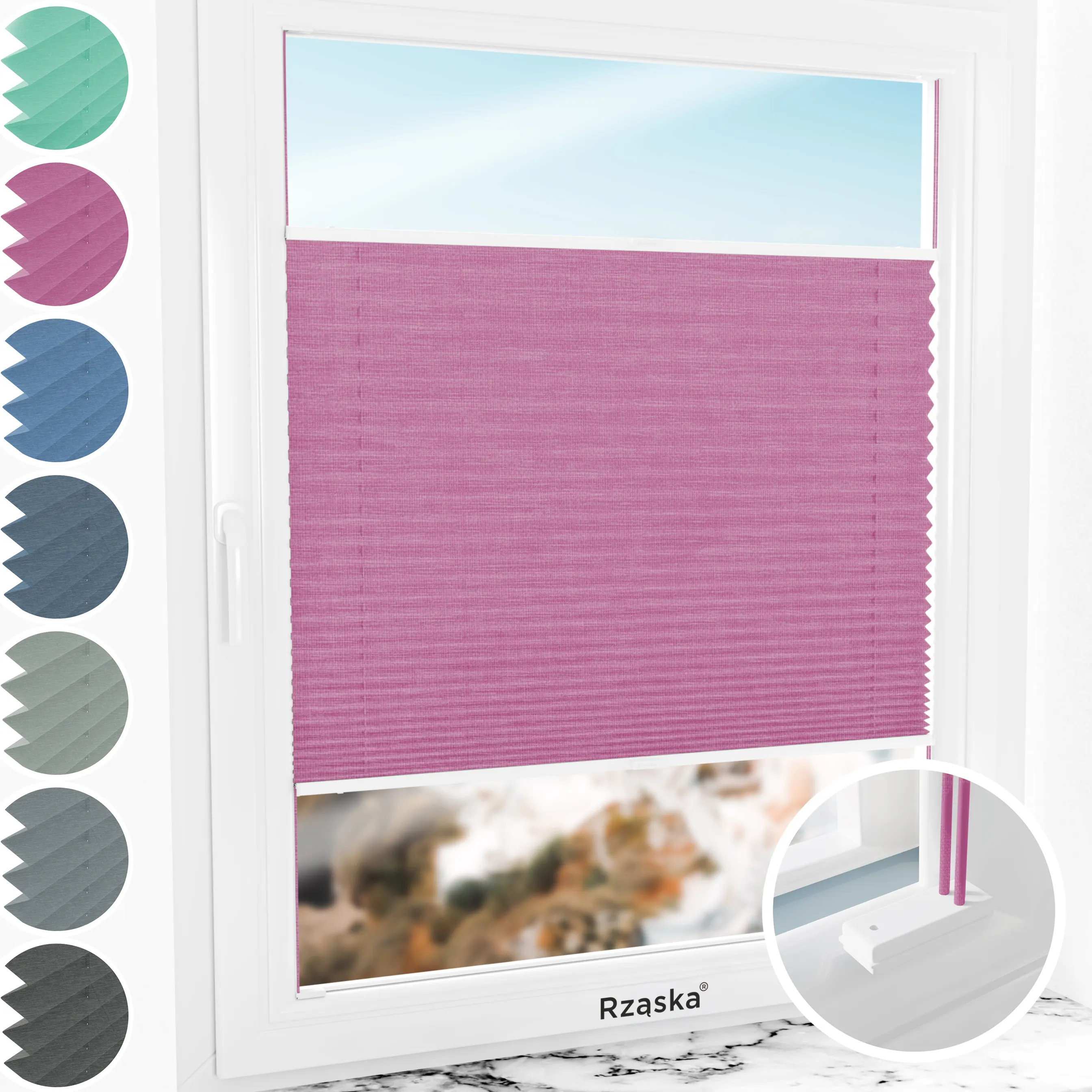 Inwazyjne rolety na okna Rząska® pod wymiar, uchwyty Risinfix do przykręcania, kolekcja Melange w kolorze Magiczny róż, różowym z profilem białym.