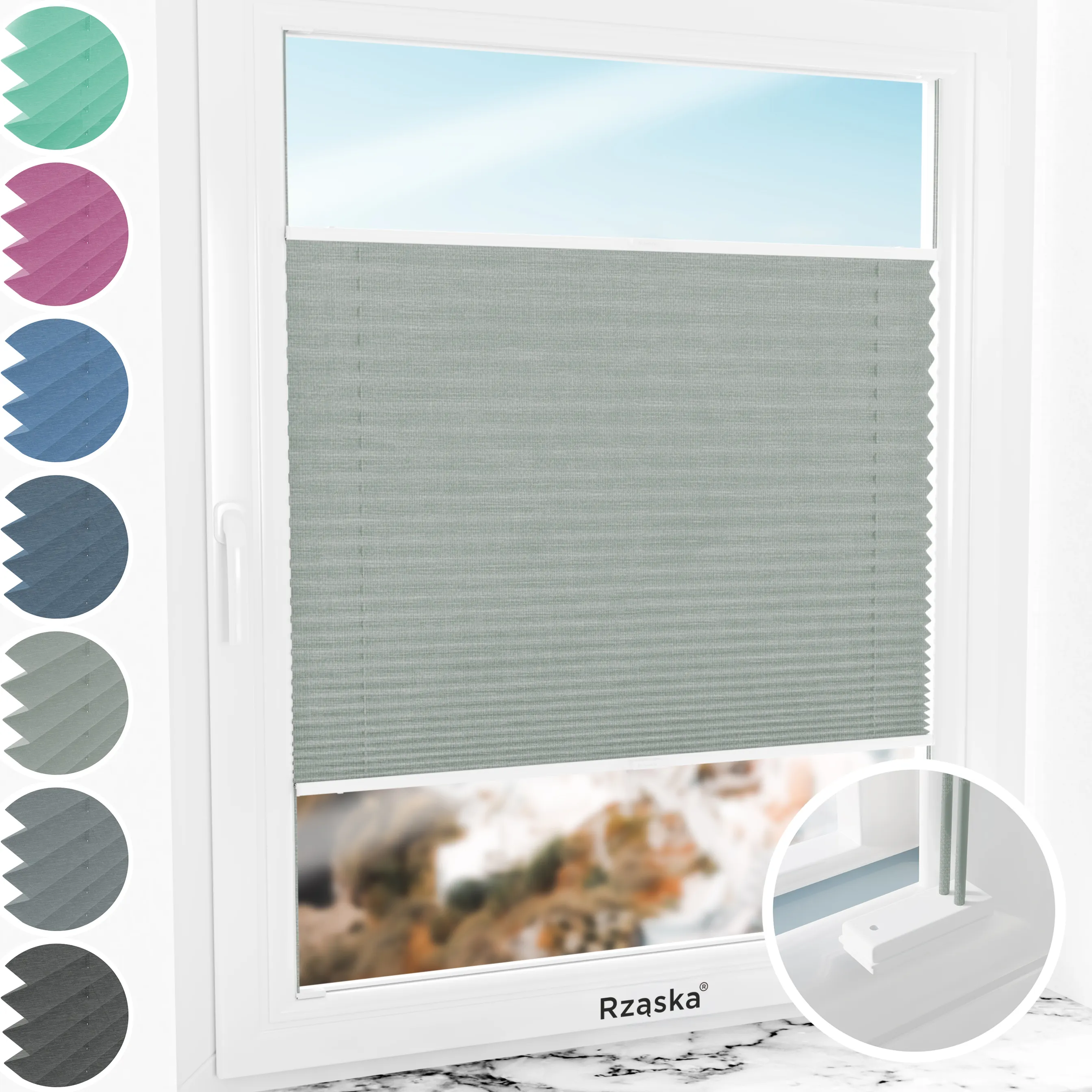 Inwazyjne rolety na okna Rząska® pod wymiar, uchwyty Risinfix do przykręcania, kolekcja Melange w kolorze W drodze, szarym z profilem białym.