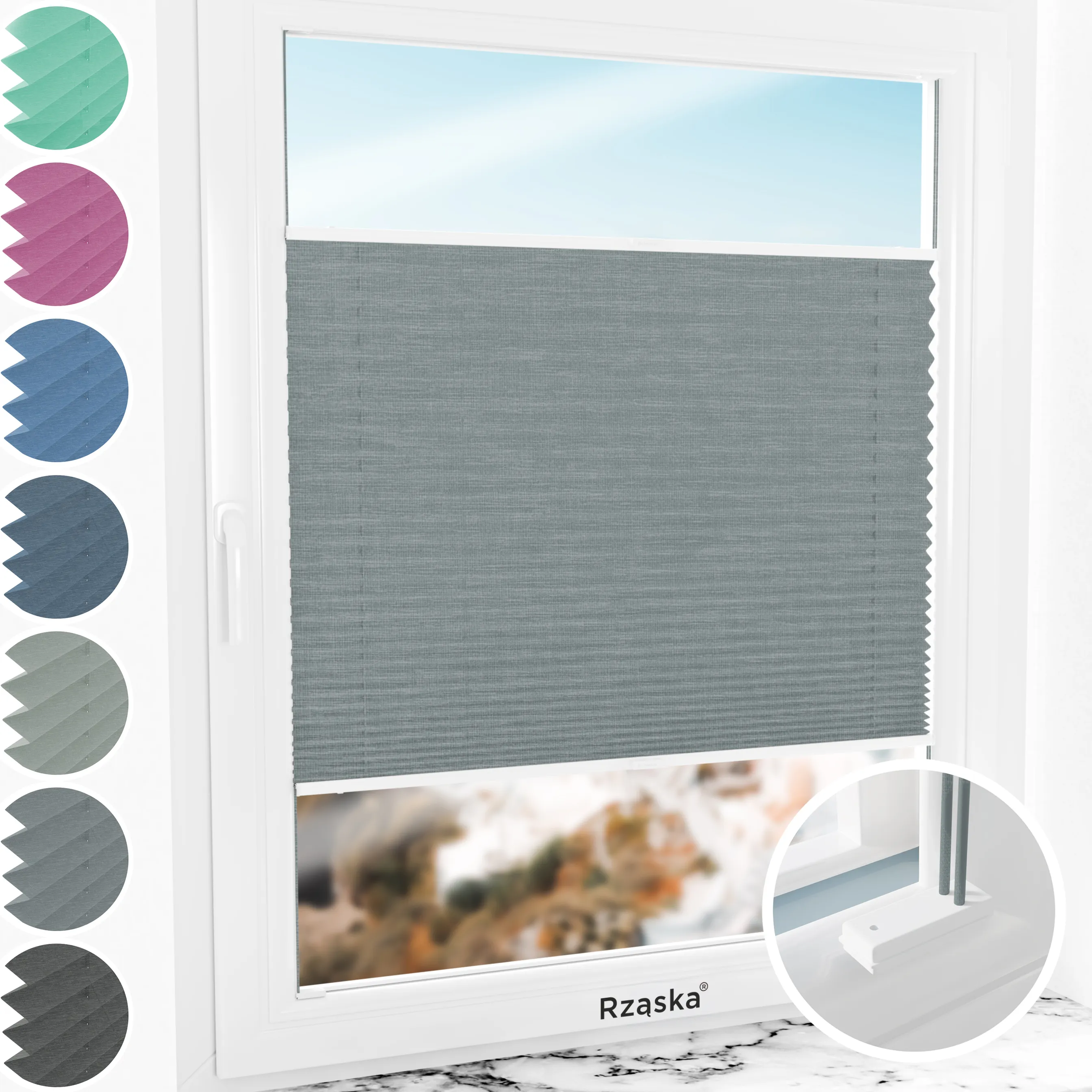 Inwazyjne rolety na okna Rząska® pod wymiar, uchwyty Risinfix do przykręcania, kolekcja Melange w kolorze Góry skaliste, szarym z profilem białym.