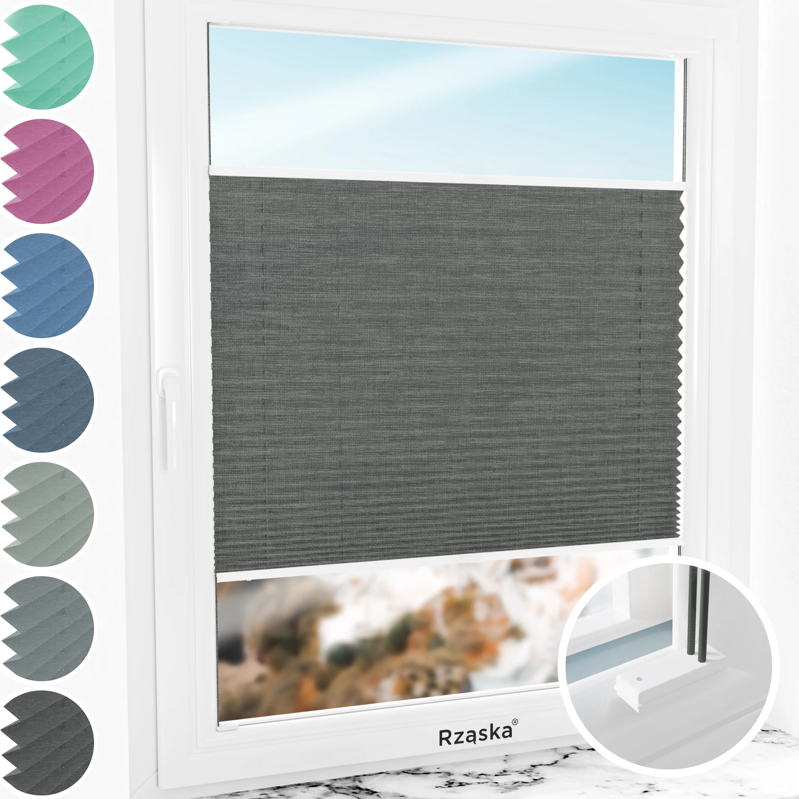 Inwazyjne rolety na okna Rząska® pod wymiar, uchwyty Risinfix do przykręcania, kolekcja Melange w kolorze Czarna perła, czarnym z profilem białym.