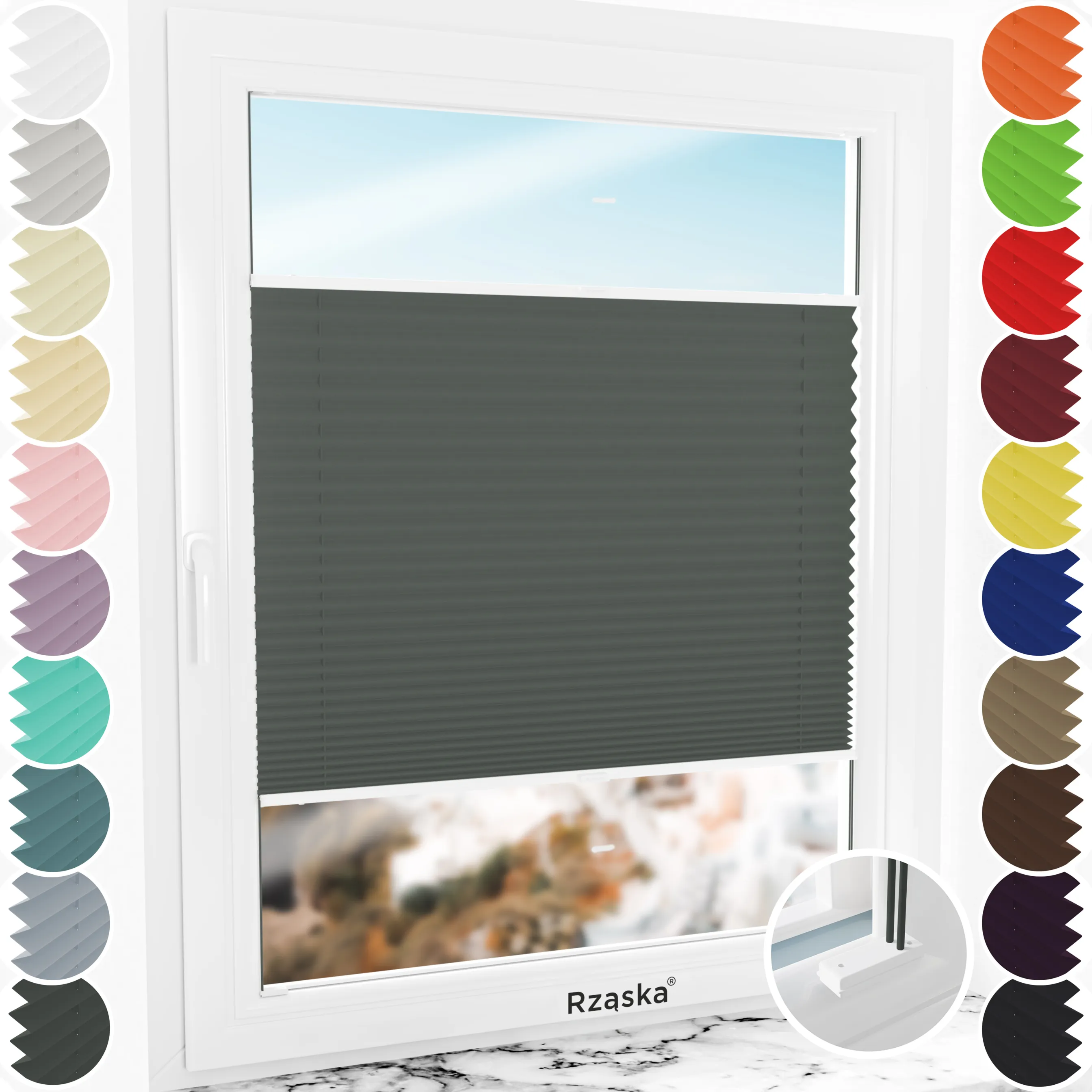 Inwazyjne rolety na okna Rząska® pod wymiar, uchwyty Risinfix do przykręcania, kolekcja Premium w kolorze Góry skalne, grafitowym z profilem białym.
