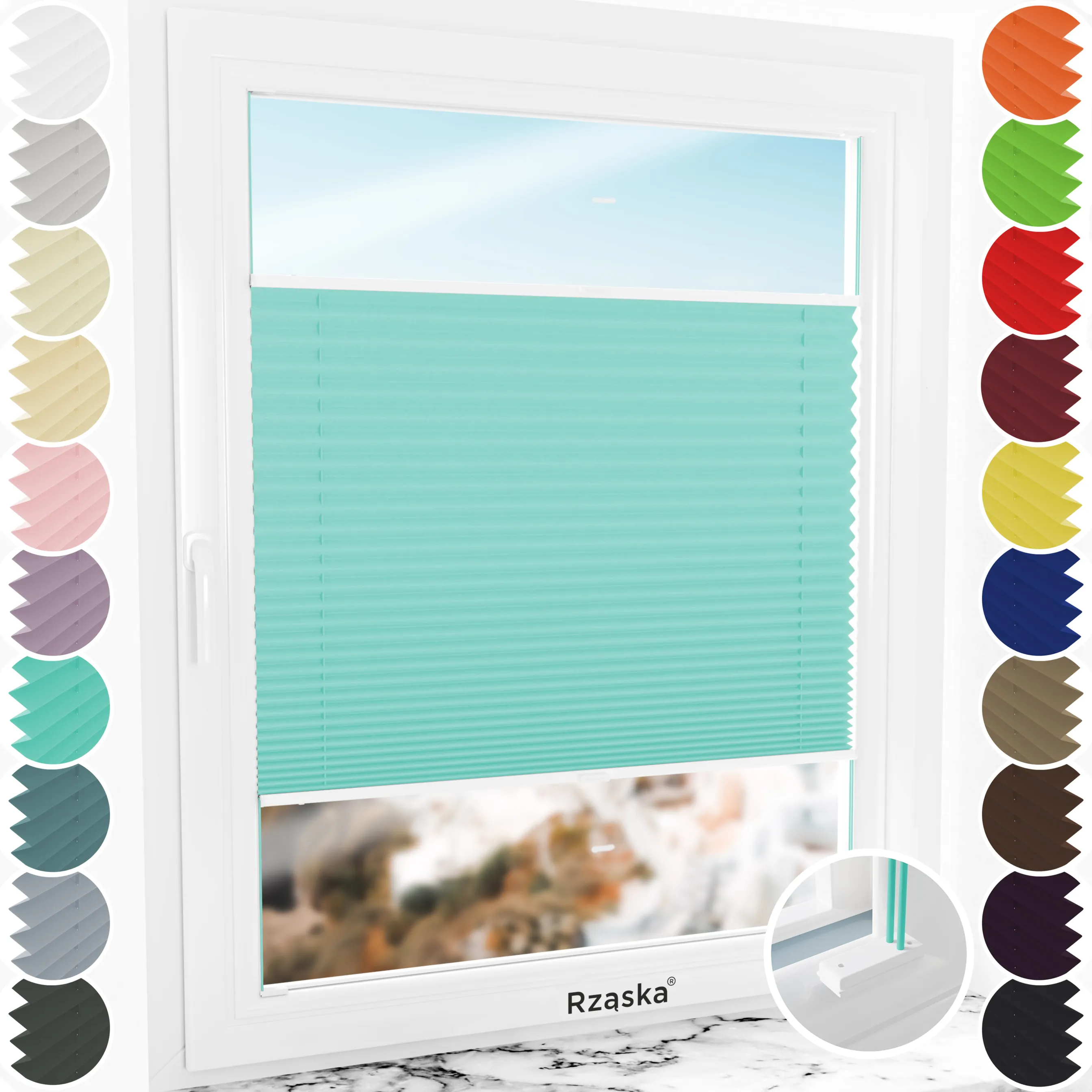 Inwazyjne rolety na okna Rząska® pod wymiar, uchwyty Risinfix do przykręcania, kolekcja Premium w kolorze Błękitny ocean, turkusowym z profilem białym.