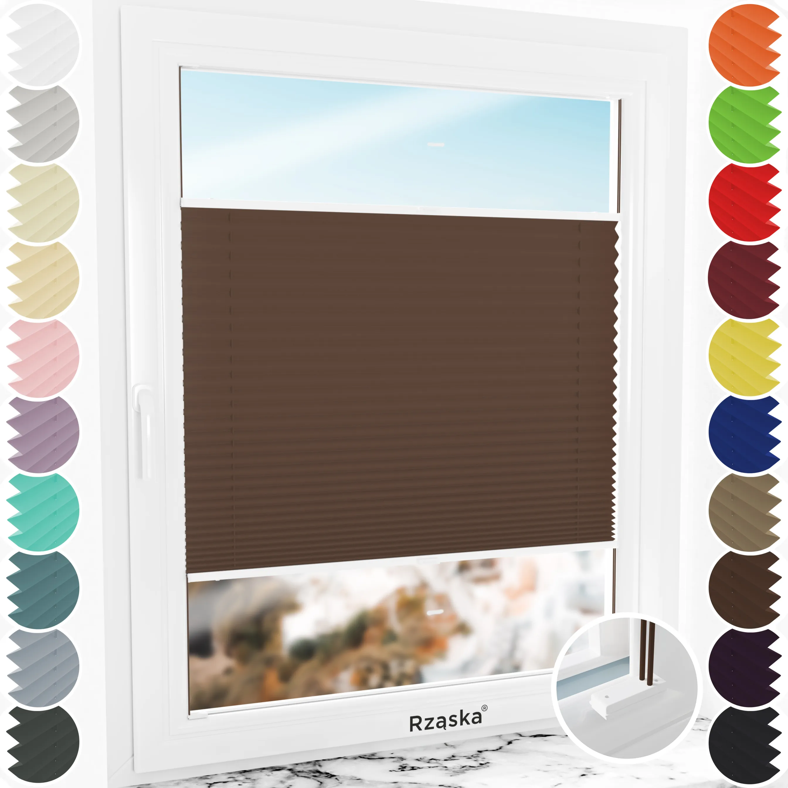 Inwazyjne rolety na okna Rząska® pod wymiar, uchwyty Risinfix do przykręcania, kolekcja Premium w kolorze Gorąca czekolada, ciemnego brązu z profilem białym.
