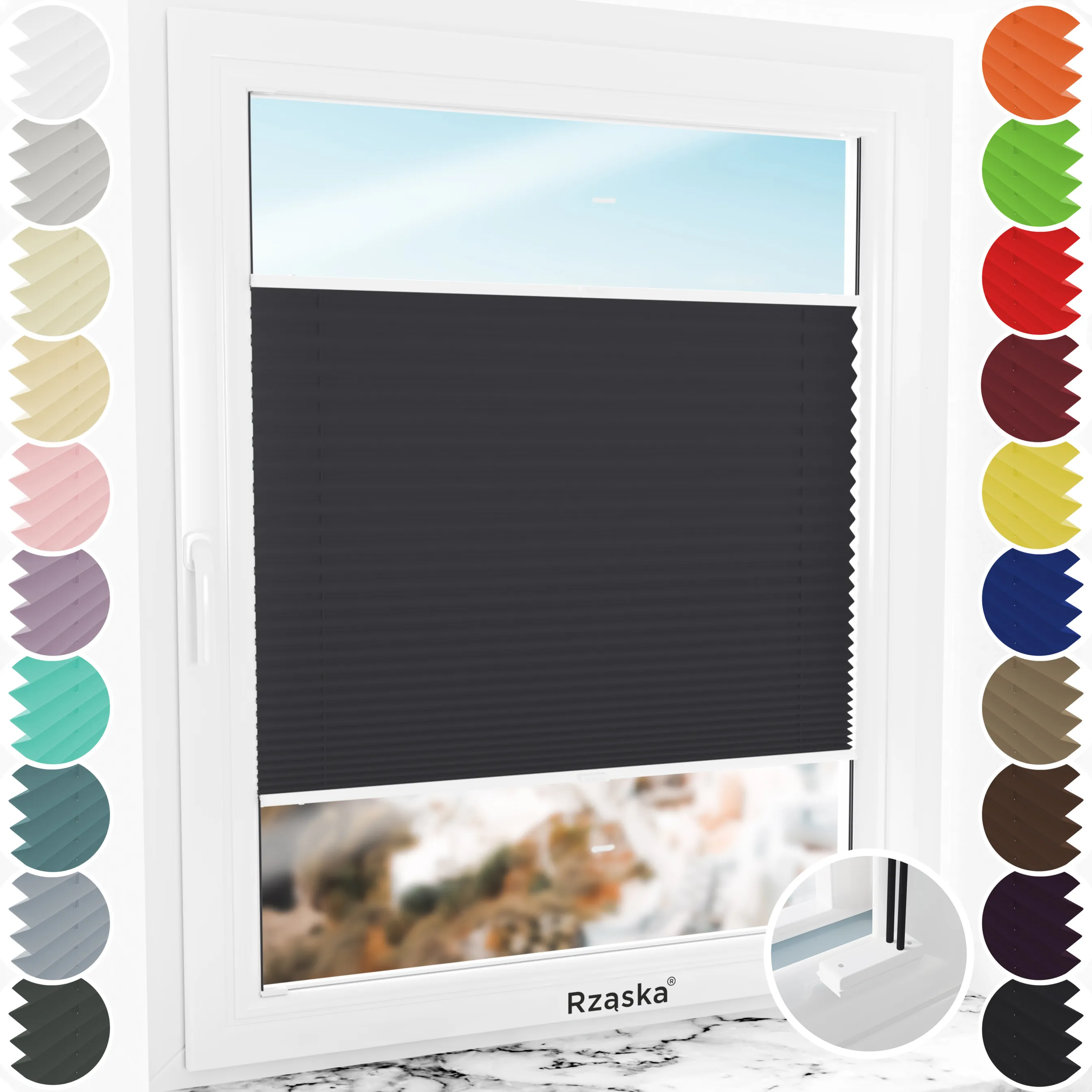Inwazyjne rolety na okna Rząska® pod wymiar, uchwyty Risinfix do przykręcania, kolekcja Premium w kolorze Śląski węgiel, czarnym z profilem białym.