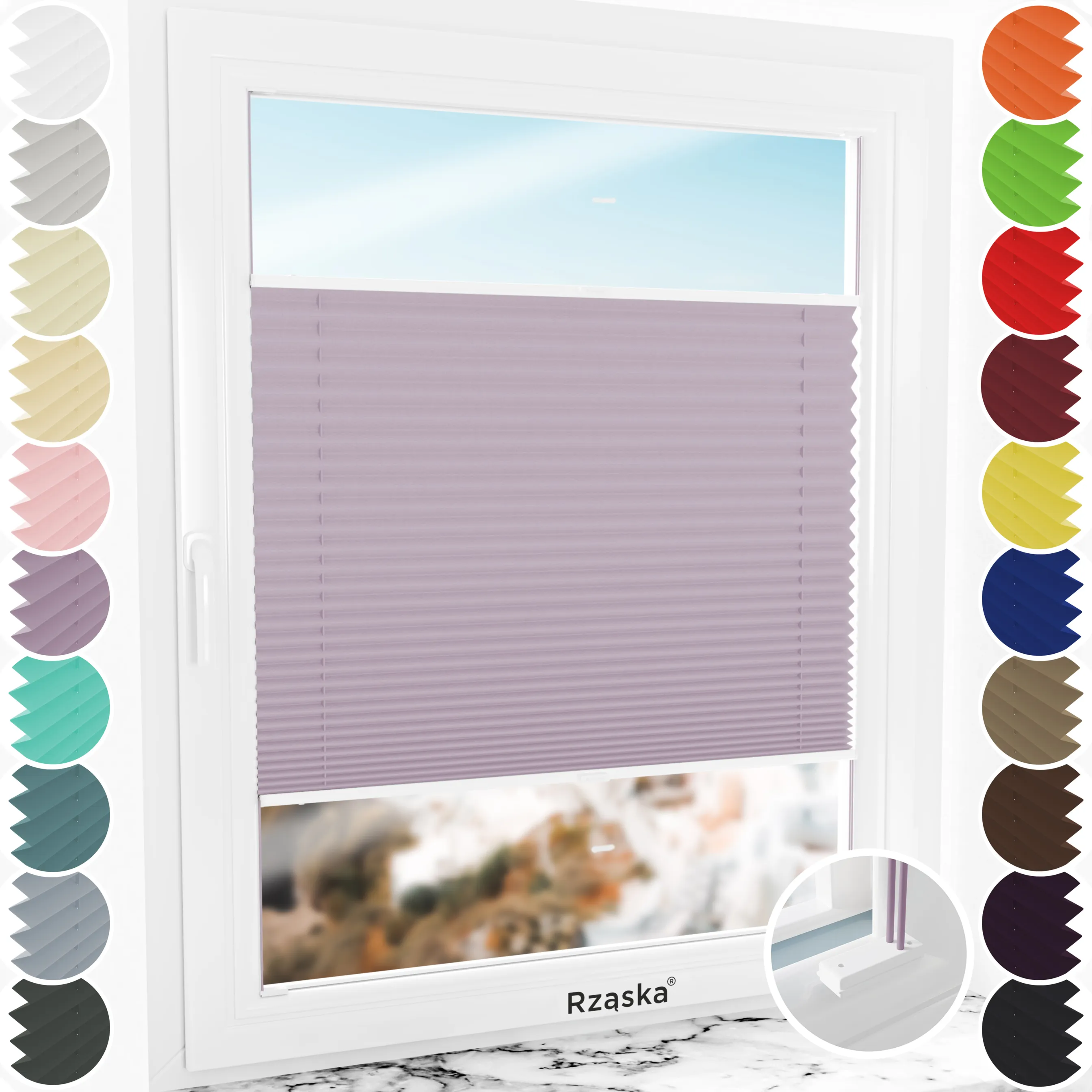 Inwazyjne rolety na okna Rząska® pod wymiar, uchwyty Risinfix do przykręcania, kolekcja Premium w kolorze Śliwkowy urok, flioletowym z profilem białym.