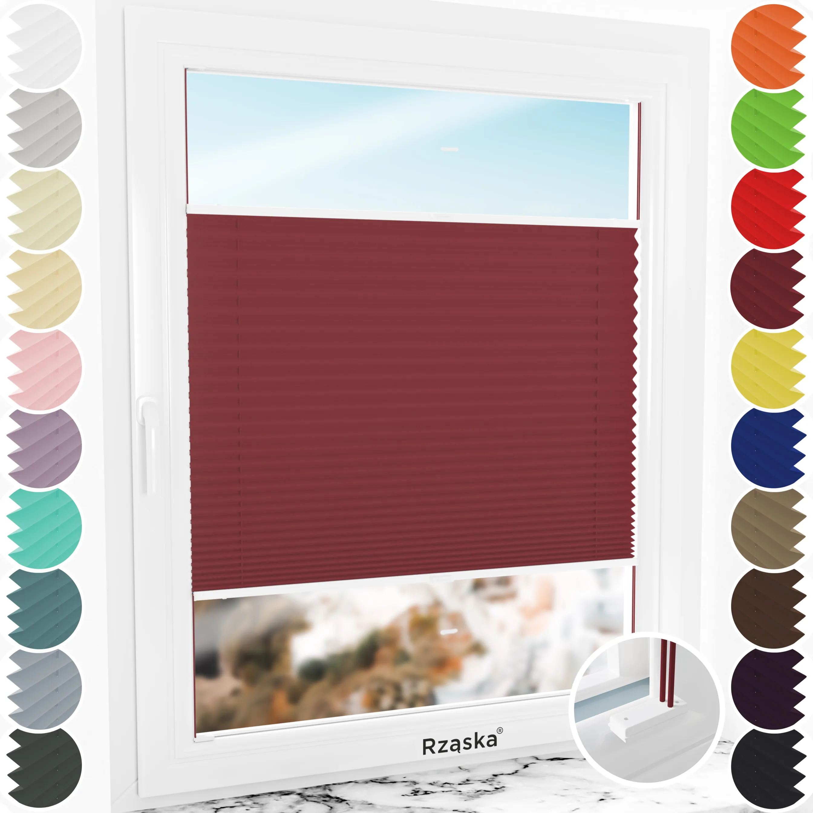Inwazyjne rolety na okna Rząska® pod wymiar, uchwyty Risinfix do przykręcania, kolekcja Premium w kolorze Rubinowa Zagadka, ciemno czerwonym z profilem białym.