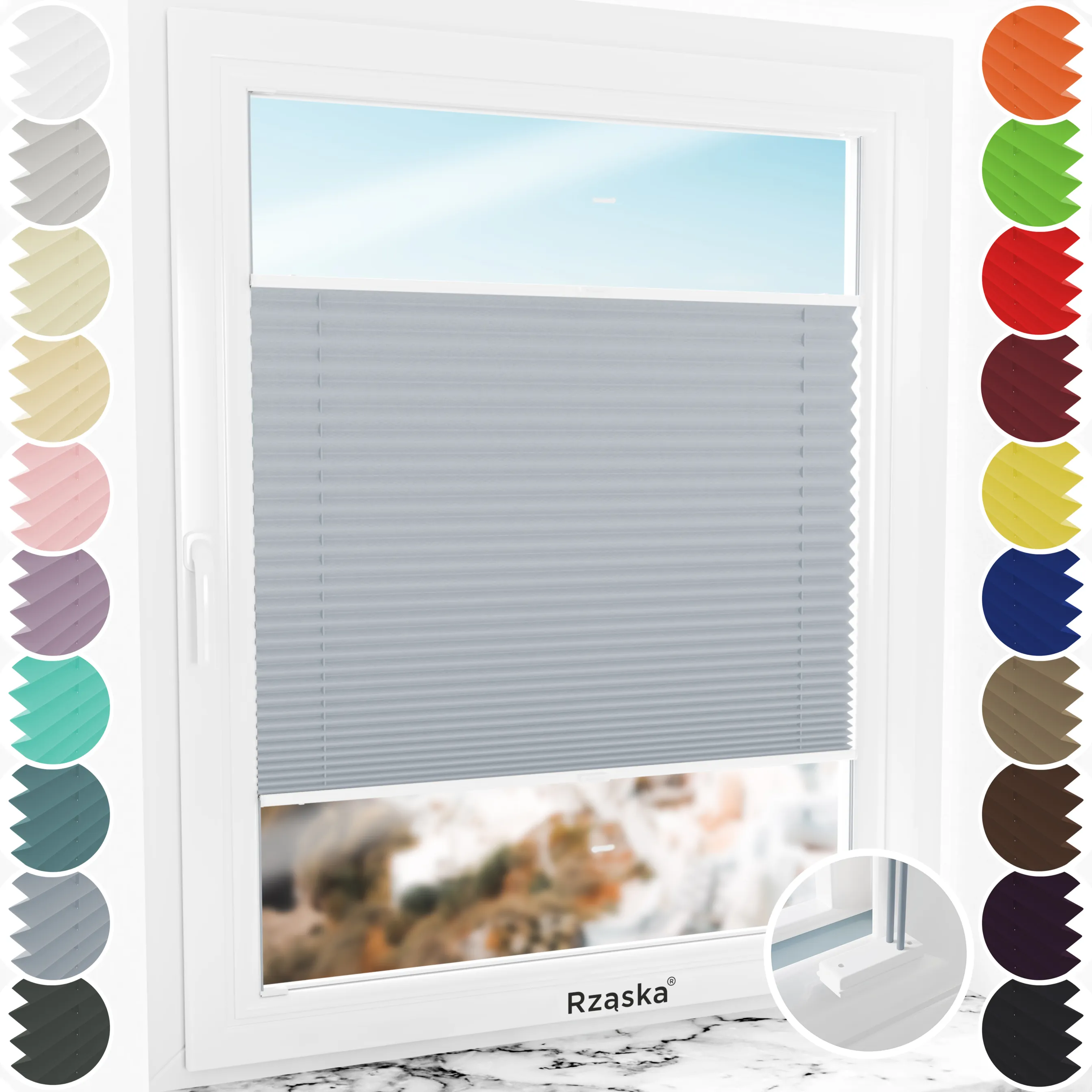 Inwazyjne rolety na okna Rząska® pod wymiar, uchwyty Risinfix do przykręcania, kolekcja Premium w kolorze Srebrna Sonata, szarego z profilem białym.