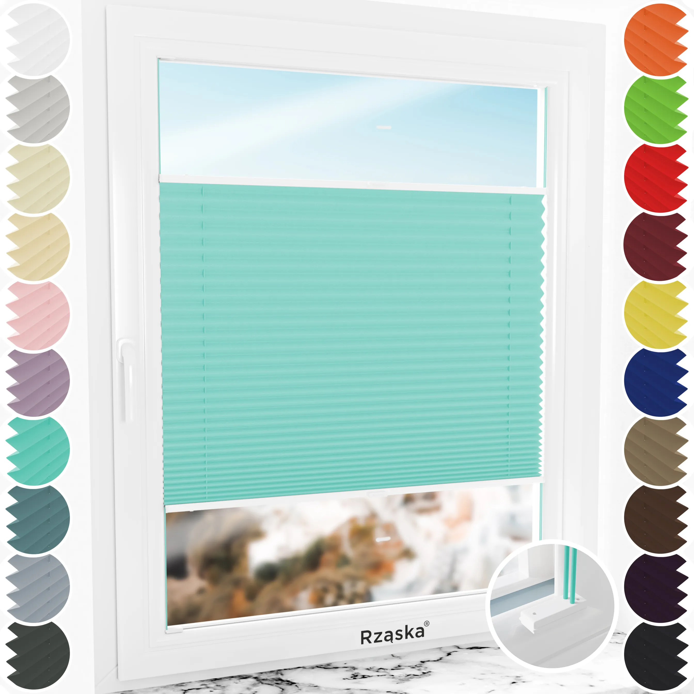 Inwazyjne rolety plisowane zaciemniajace Rząska® na wymiar, uchwyty Risinfix do przykręcania, kolekcja Thermo w kolorze Melodia przypływu, turkusowym z profilem białym.
