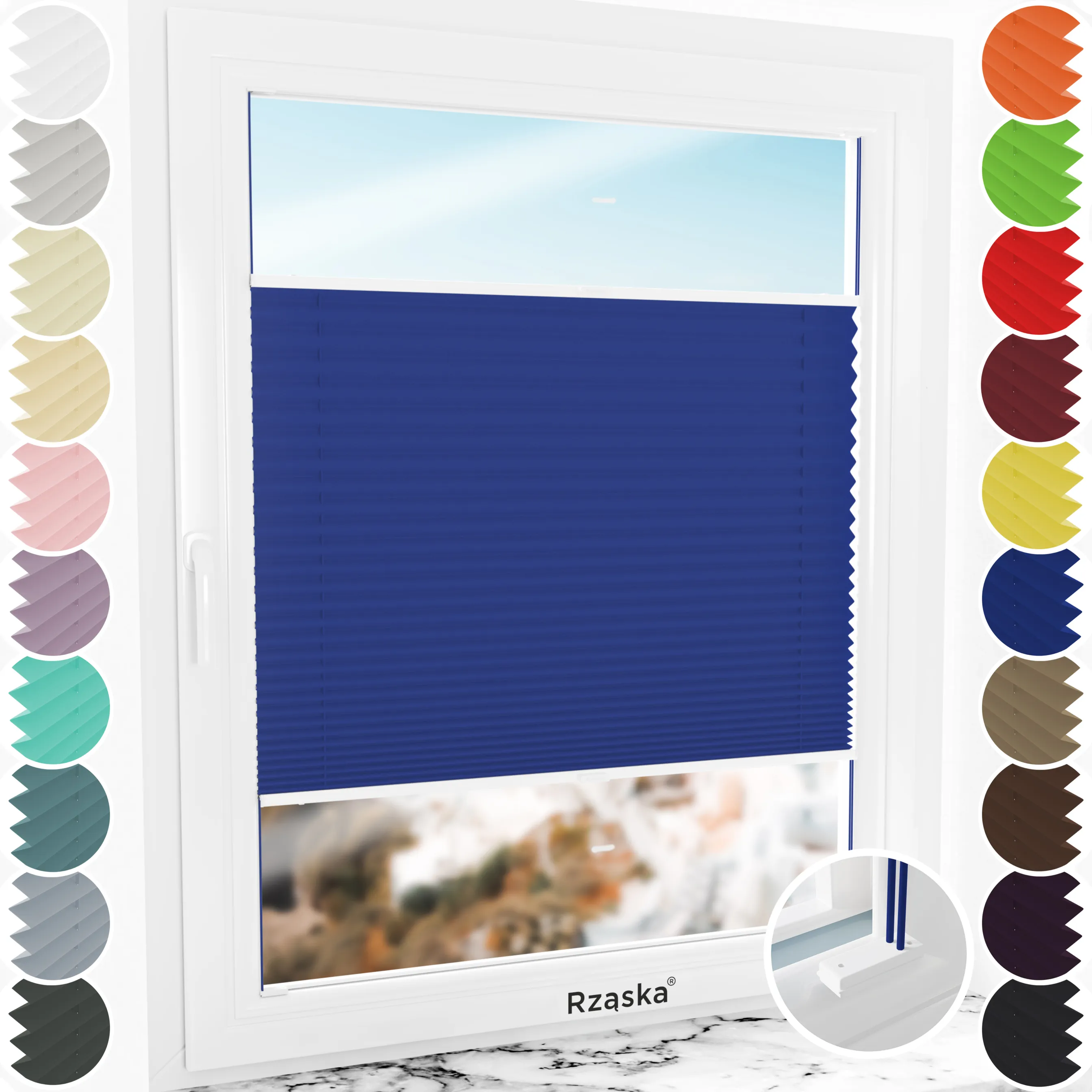 Inwazyjne rolety plisowane zaciemniajace Rząska® na wymiar, uchwyty Risinfix do przykręcania, kolekcja Thermo w kolorze Walc fal, niebieskim z profilem białym.