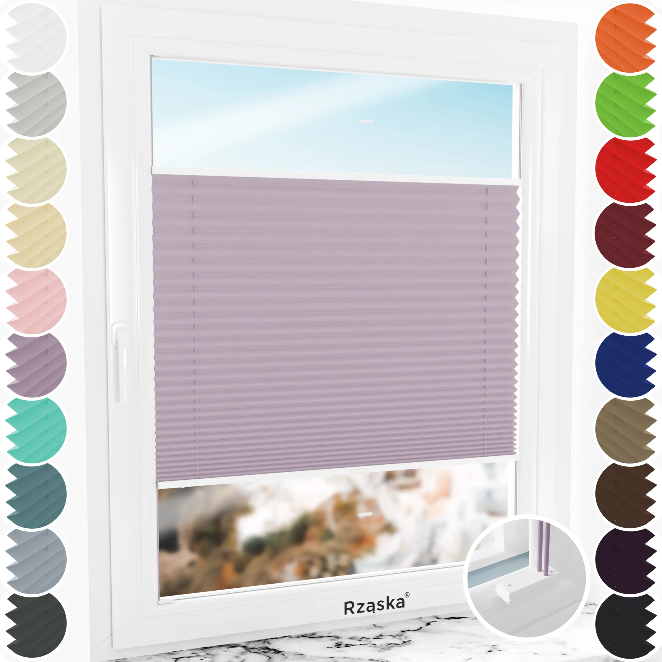 Inwazyjne rolety plisowane zaciemniajace Rząska® na wymiar, uchwyty Risinfix do przykręcania, kolekcja Thermo w kolorze Pastelowe winogrono, flioletowym z profilem białym.