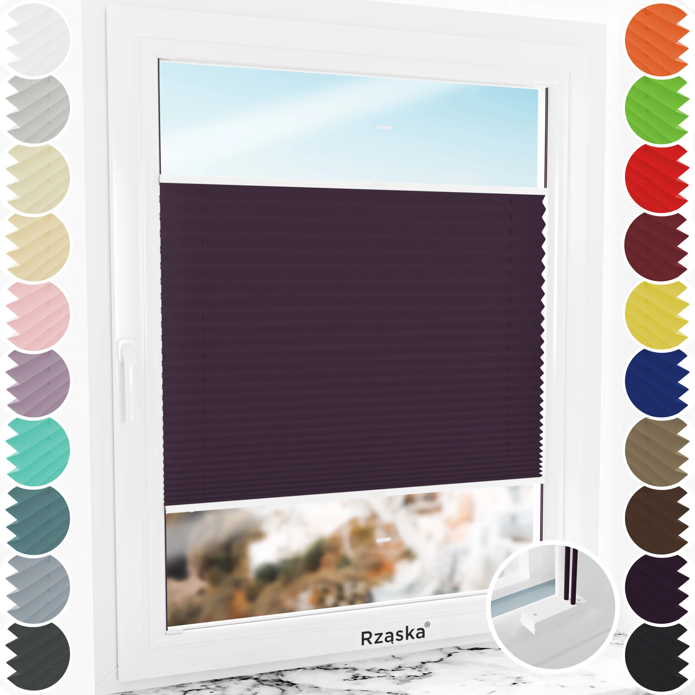Inwazyjne rolety plisowane zaciemniajace Rząska® na wymiar, uchwyty Risinfix do przykręcania, kolekcja Thermo w kolorze Flioletowy raj, flioletowym z profilem białym.