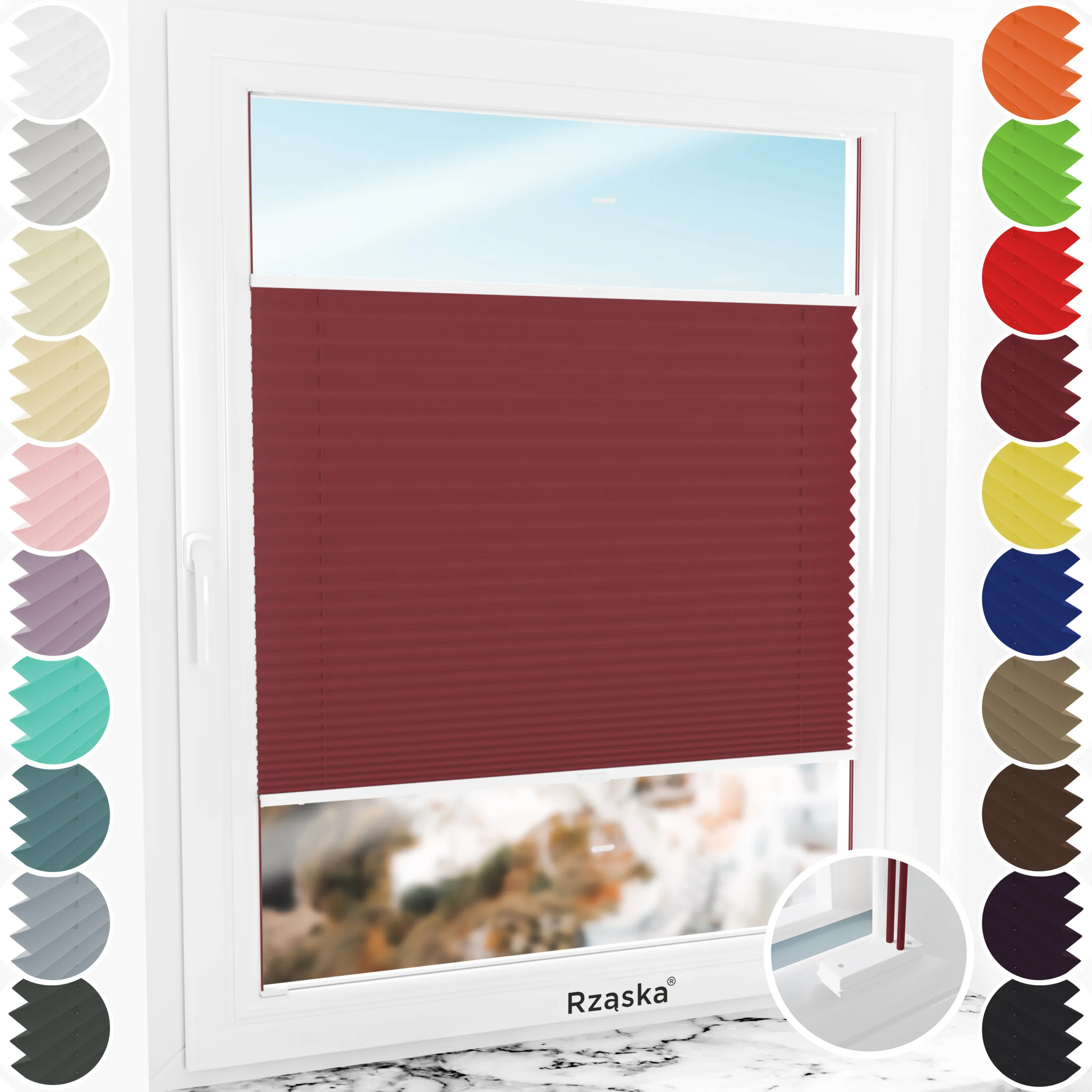 Inwazyjne rolety plisowane zaciemniajace Rząska® na wymiar, uchwyty Risinfix do przykręcania, kolekcja Thermo w kolorze Szkarłatne wino, czerwonym z profilem białym.
