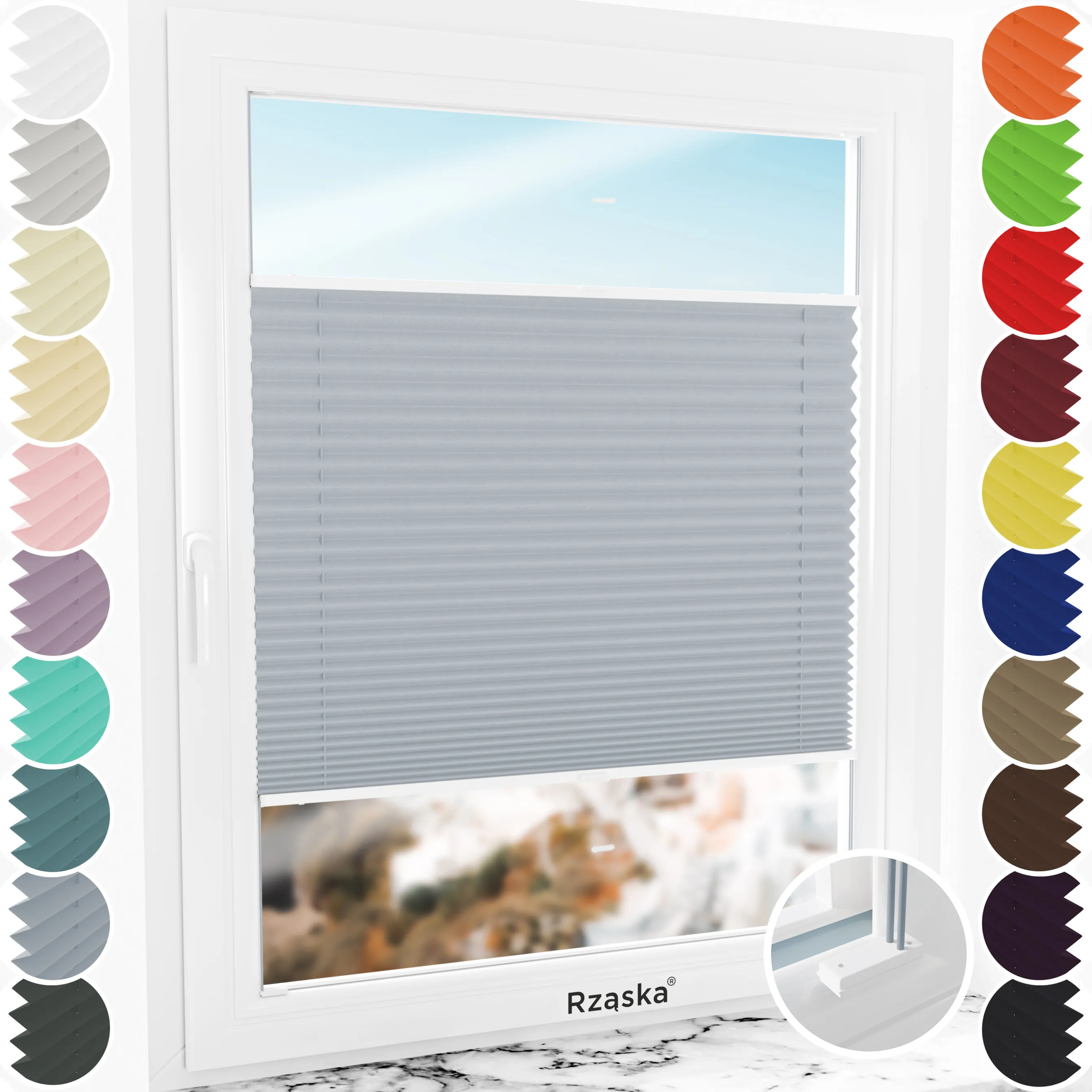 Inwazyjne rolety plisowane zaciemniajace Rząska® na wymiar, uchwyty Risinfix do przykręcania, kolekcja Thermo w kolorze Żelazna mgła, jasnoszarym z profilem białym.