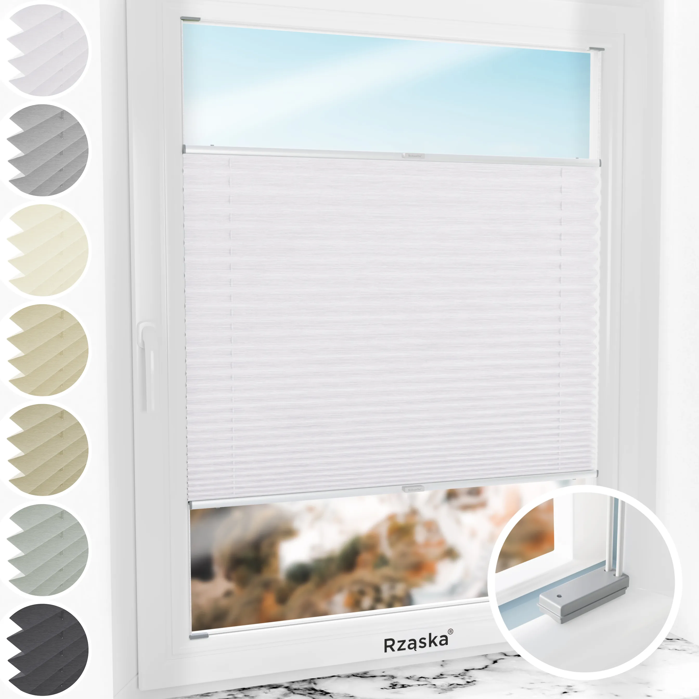 Inwazyjne rolety plisowane Rząska® na wymiar, uchwyty Risinfix do przykręcania, kolekcja Dolomite w kolorze Zimny poranek, szarym z profilem srebrnym.