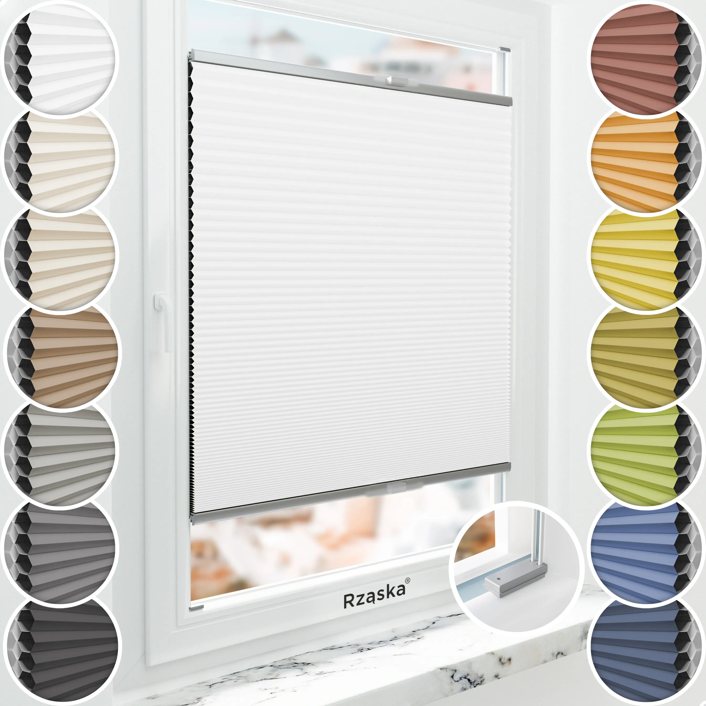 Inwazyjne plisy, rolety termoizolacyjne Rząska® na wymiar o strukturze plastra miodu kolekcja Honeycomb w kolorze Światło księżyca, białym z profilem srebrnym.