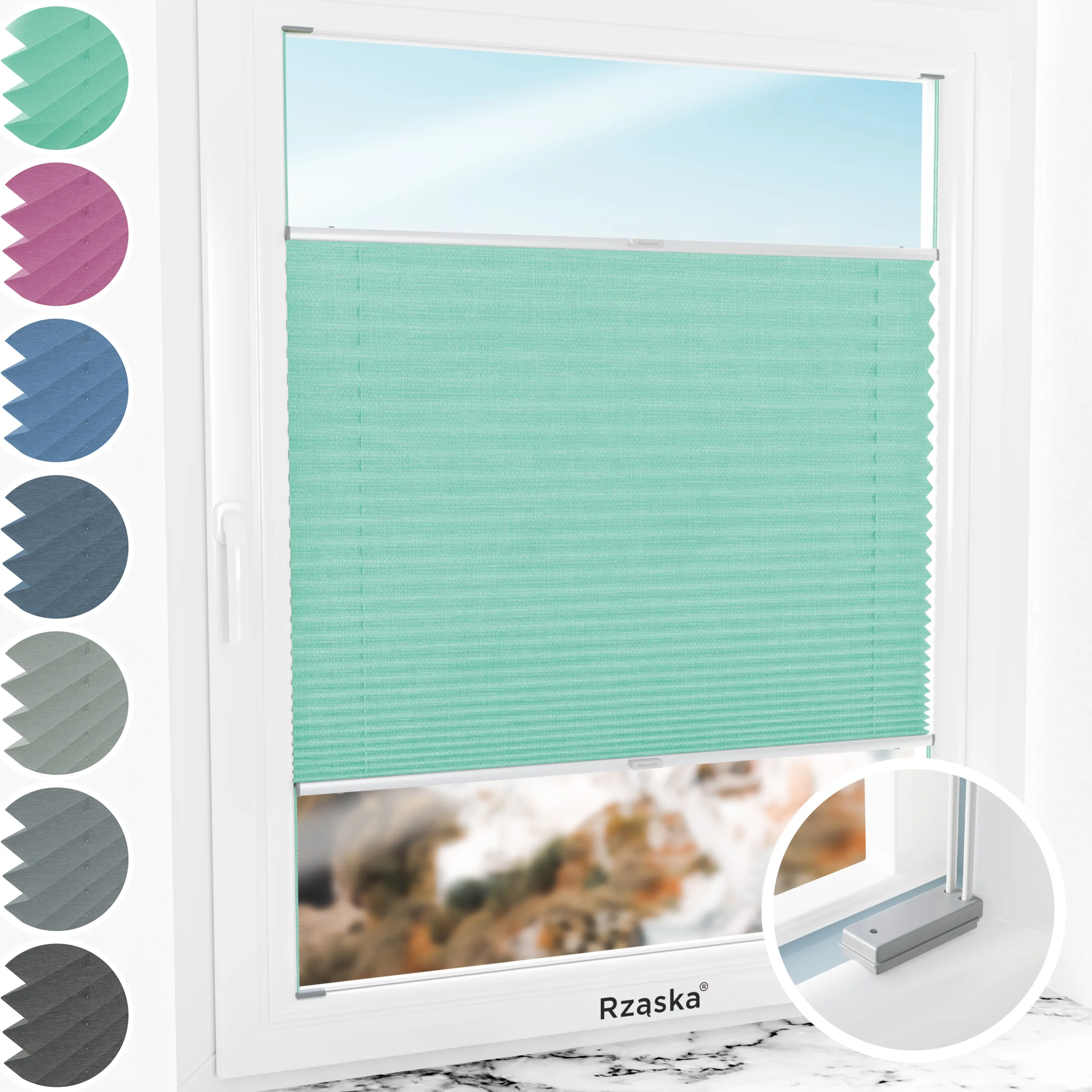 Inwazyjne rolety na okna Rząska® pod wymiar, uchwyty Risinfix do przykręcania, kolekcja Melange w kolorze Miętowe lody, zielonym z profilem srebrnym.