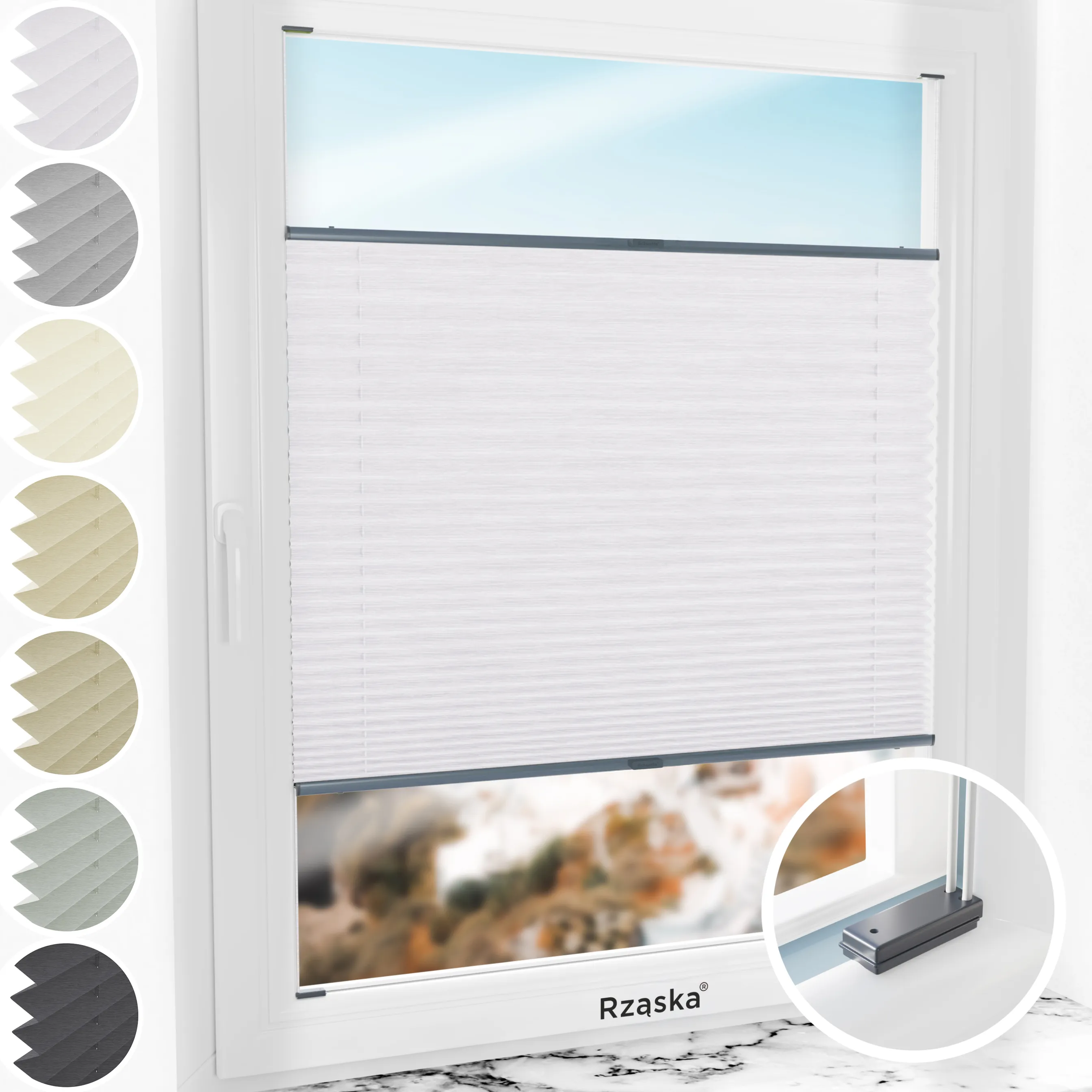 Inwazyjne rolety plisowane Rząska® na wymiar, uchwyty Risinfix do przykręcania, kolekcja Dolomite w kolorze Zimny poranek, szarym z profilem antracytowym.