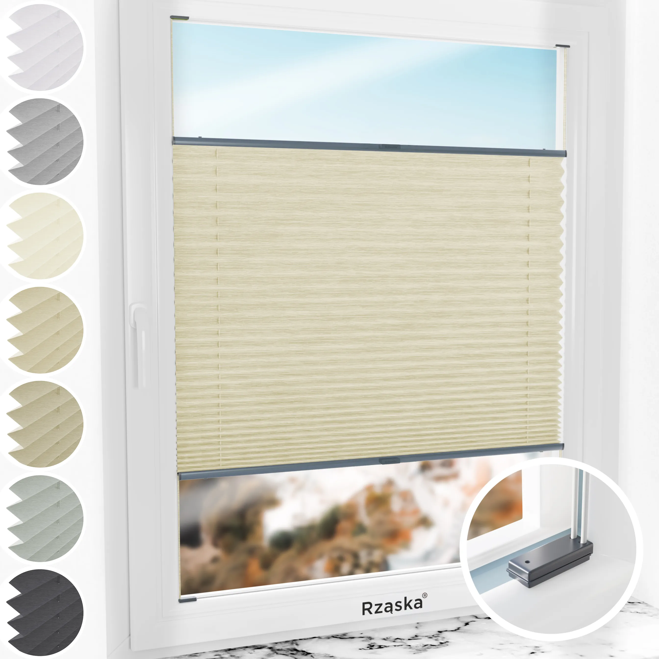 Inwazyjne rolety plisowane Rząska® na wymiar, uchwyty Risinfix do przykręcania, kolekcja Dolomite w kolorze Mokry piasek, beżowym z profilem antracytowym.