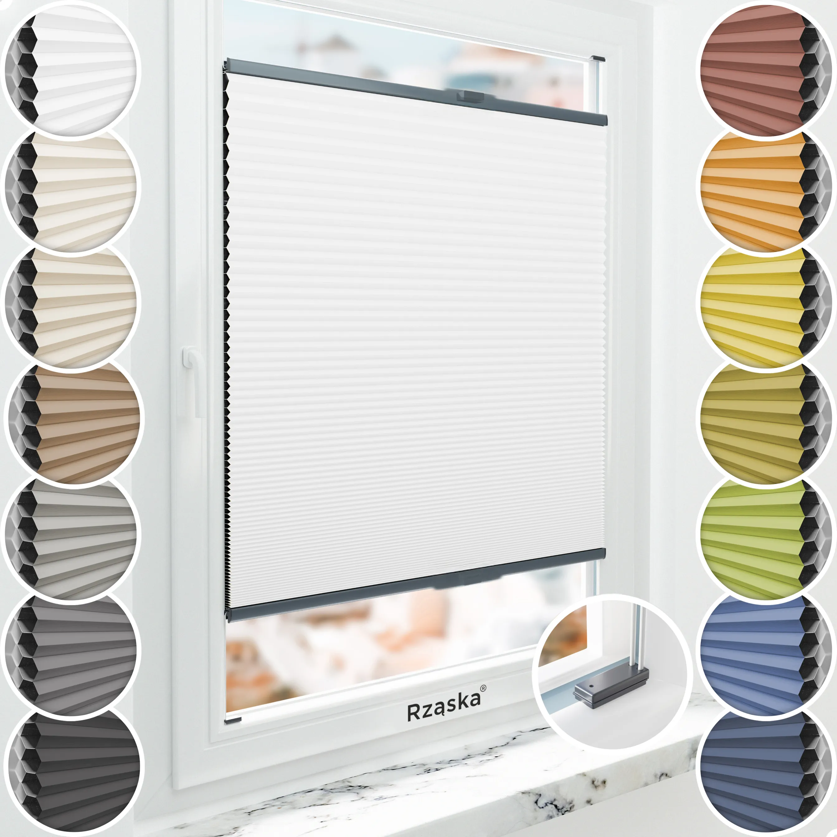 Inwazyjne plisy, rolety termoizolacyjne Rząska® na wymiar o strukturze plastra miodu kolekcja Honeycomb w kolorze Światło księżyca, białym z profilem antracytowym.