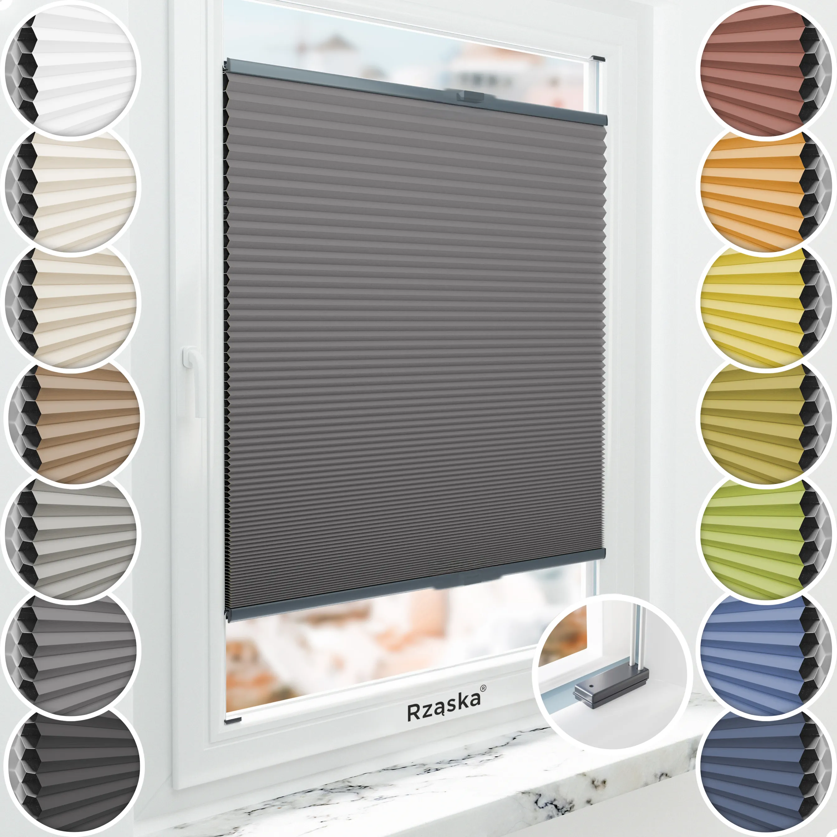 Inwazyjne plisy, rolety termoizolacyjne Rząska® na wymiar o strukturze plastra miodu kolekcja Honeycomb w kolorze Tango o zmierzchu, szarym z profilem antracytowym.