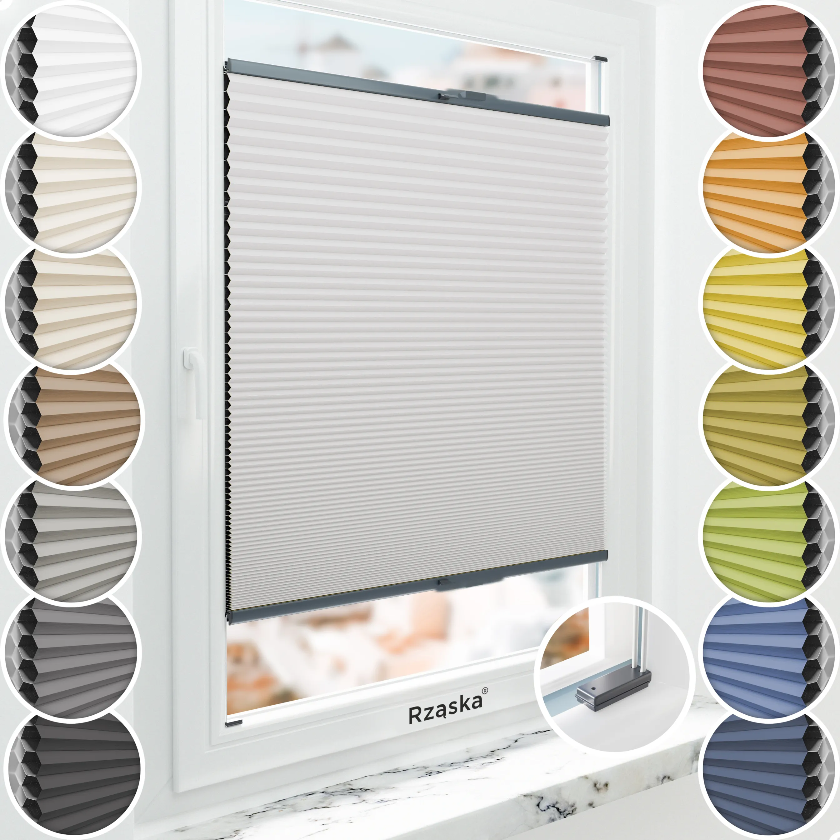 Inwazyjne plisy, rolety termoizolacyjne Rząska® na wymiar o strukturze plastra miodu kolekcja Honeycomb w kolorze Szary Dotyk, pastelowym szarym z profilem antracytowym.