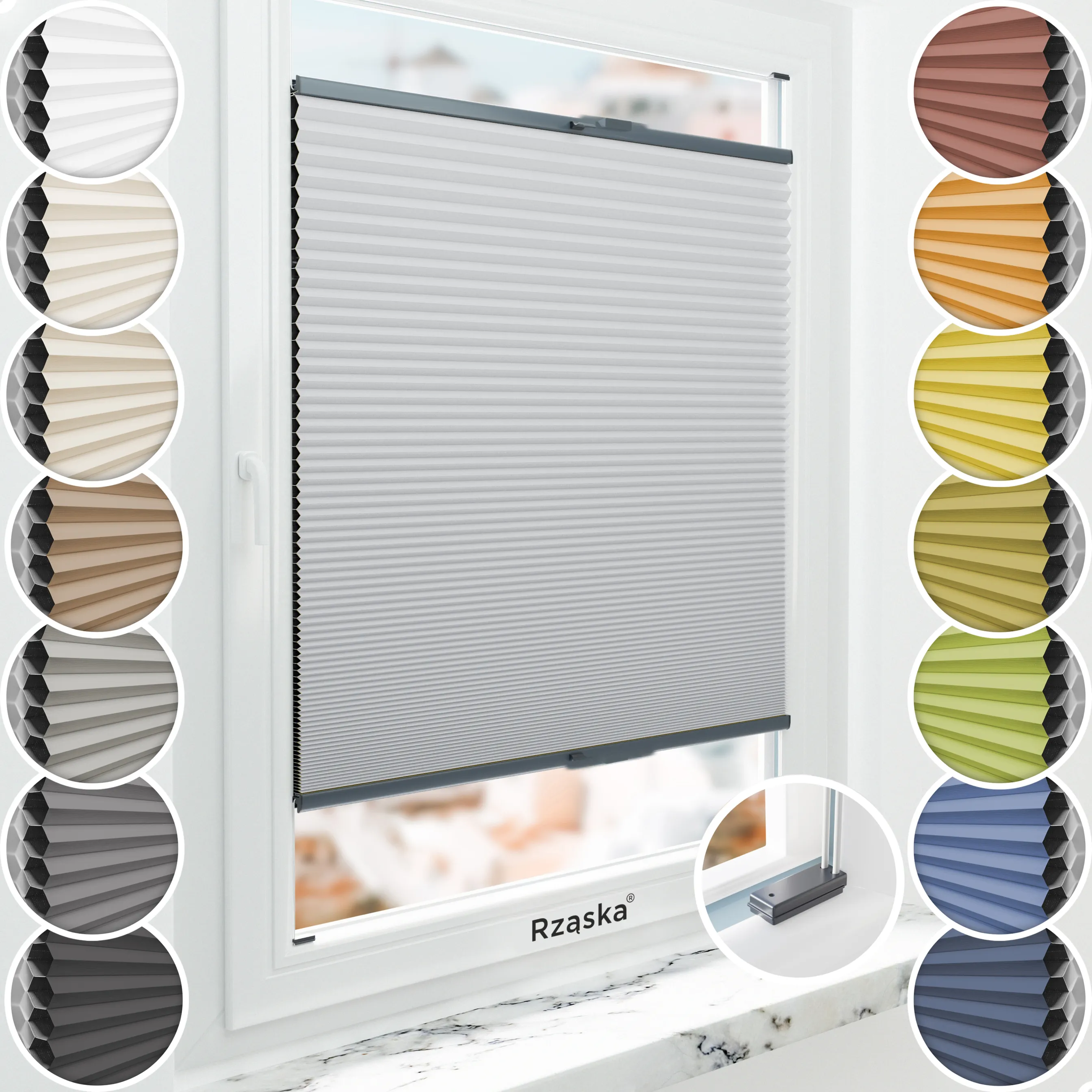 Inwazyjne plisy, rolety termoizolacyjne Rząska® na wymiar o strukturze plastra miodu kolekcja Honeycomb w kolorze Szept Poranka, jasnoszarym z profilem antracytowym.