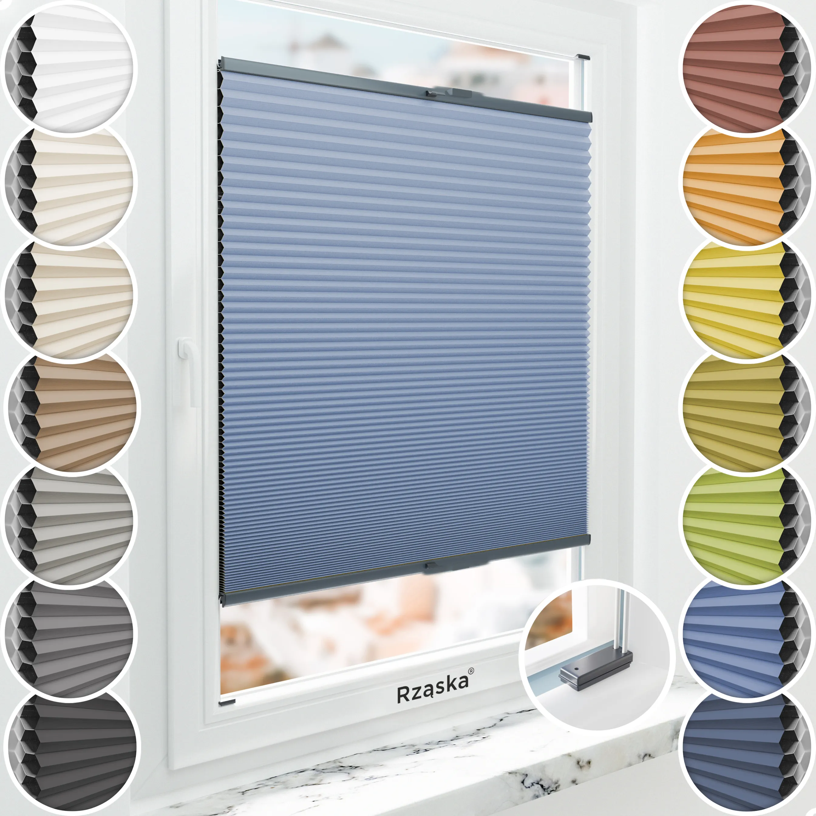 Inwazyjne plisy, rolety termoizolacyjne Rząska® na wymiar o strukturze plastra miodu kolekcja Honeycomb w kolorze Lodowy Ocean, jasnoniebieskim z profilem antracytowym.