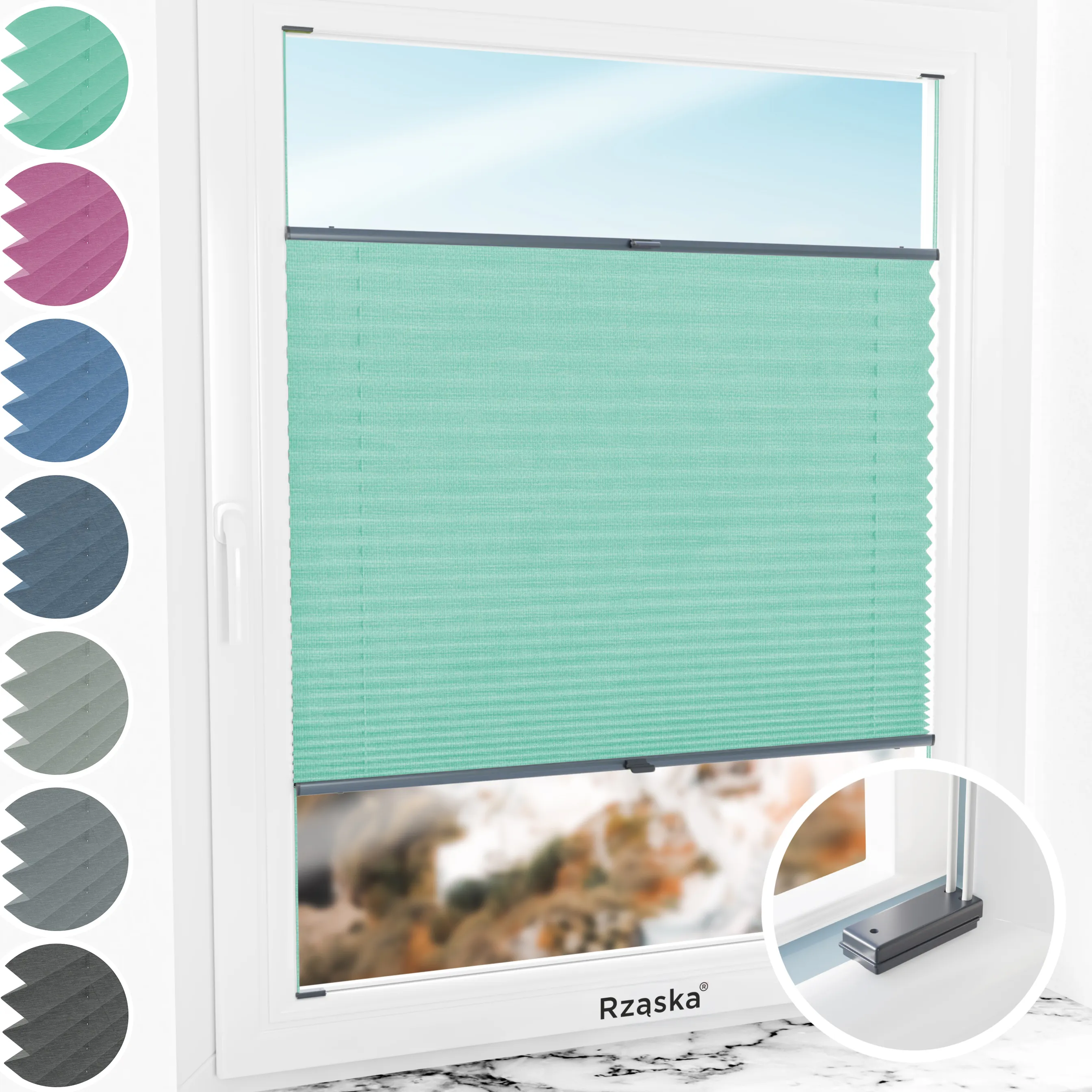 Inwazyjne rolety na okna Rząska® pod wymiar, uchwyty Risinfix do przykręcania, kolekcja Melange w kolorze Miętowe lody, zielonym z profilem antracytowym.