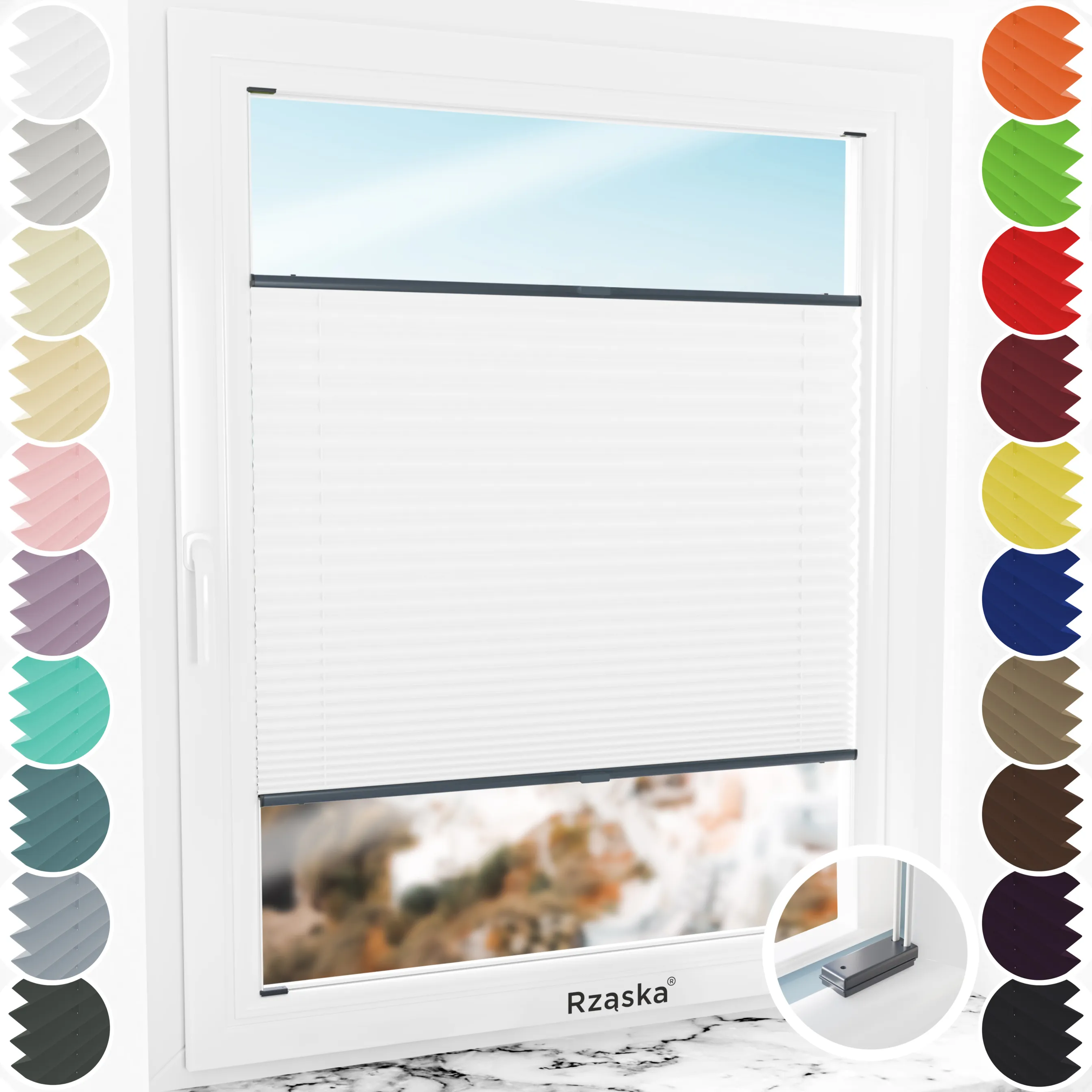 Inwazyjne rolety na okna Rząska® pod wymiar, uchwyty Risinfix do przykręcania, kolekcja Premium w kolorze Białe święto, białym z profilem antracytowym.