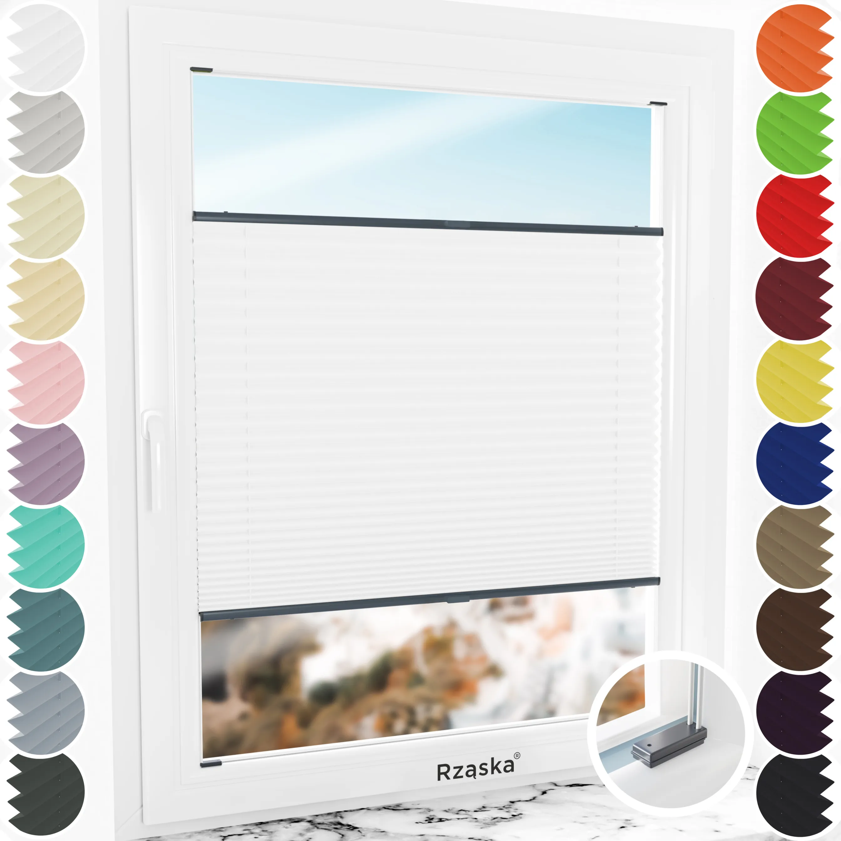 Inwazyjne rolety plisowane zaciemniajace Rząska® na wymiar, uchwyty Risinfix do przykręcania, kolekcja Thermo w kolorze Białe święto, białym z profilem antracytowym.