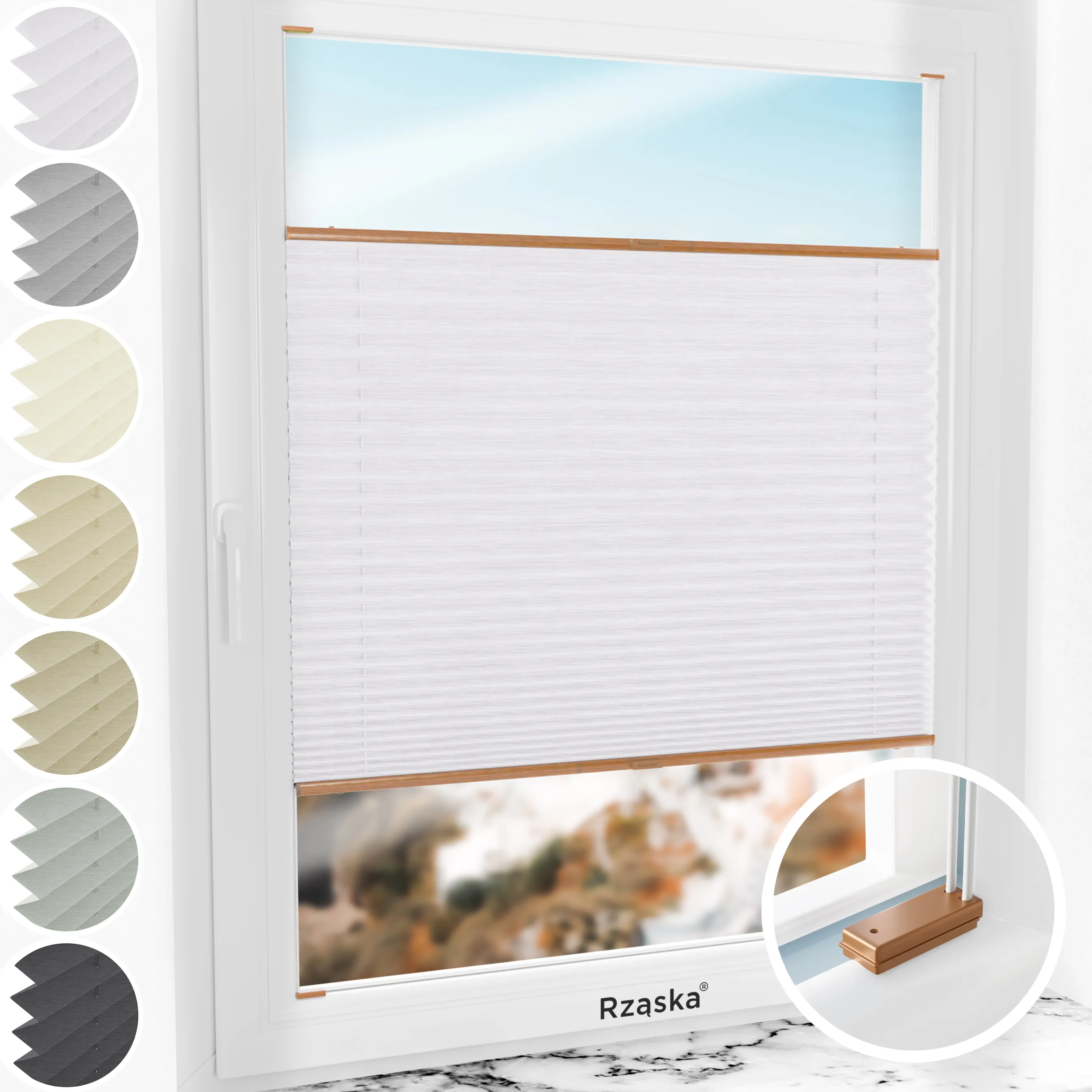 Inwazyjne rolety plisowane Rząska® na wymiar, uchwyty Risinfix do przykręcania, kolekcja Dolomite w kolorze Zimny poranek, szarym z profilem dębowym.