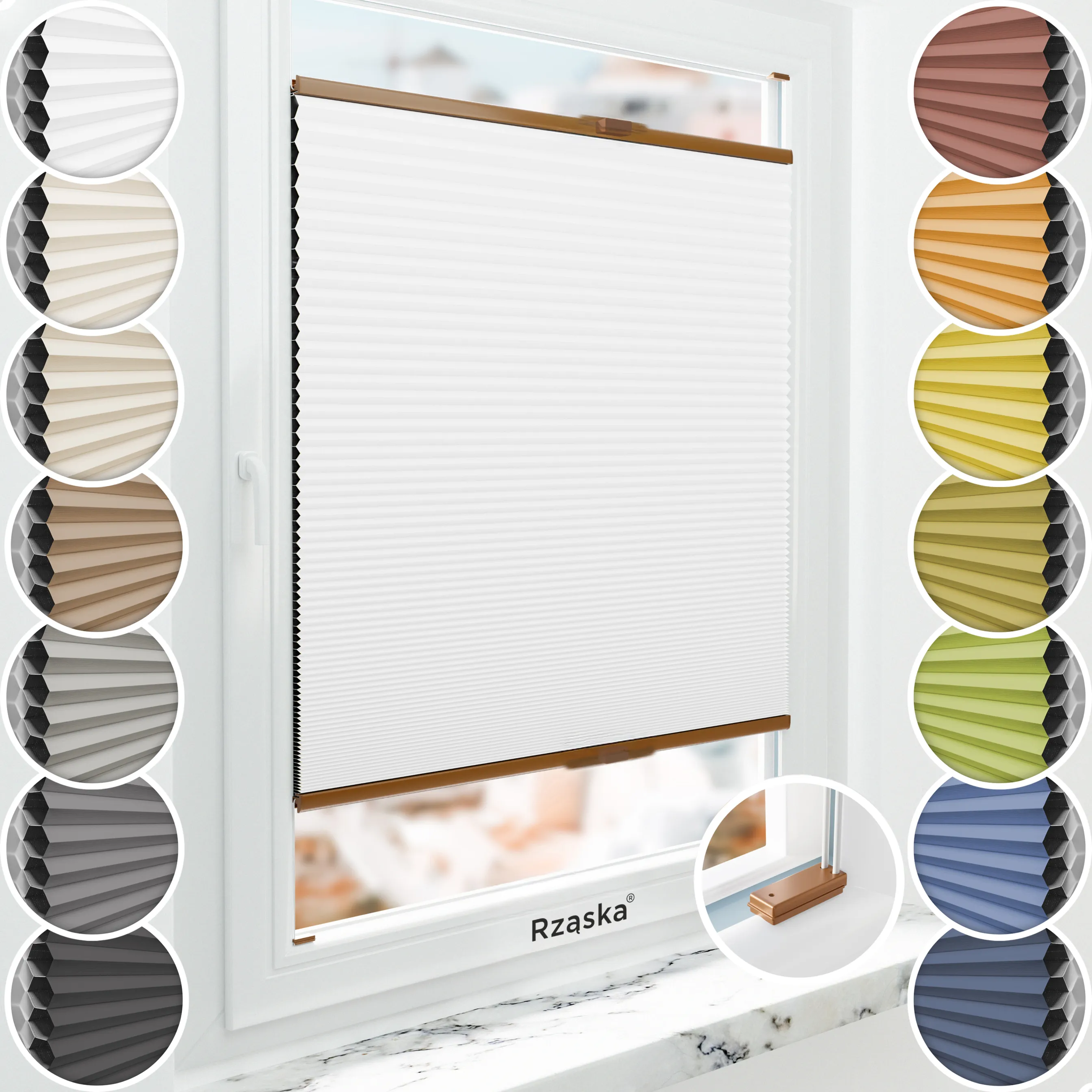 Inwazyjne plisy, rolety termoizolacyjne Rząska® na wymiar o strukturze plastra miodu kolekcja Honeycomb w kolorze Światło księżyca, białym z profilem dębowym.