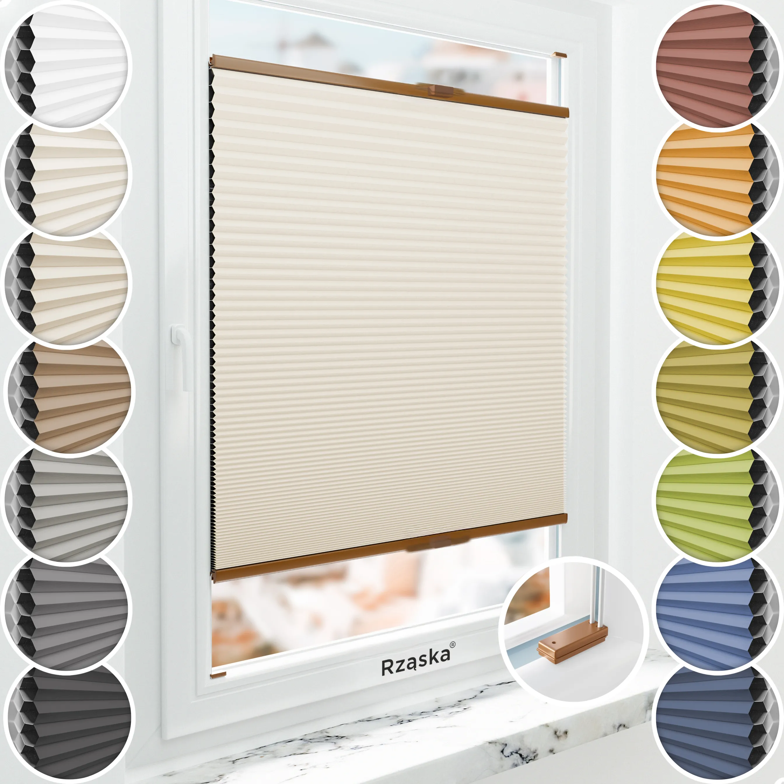 Inwazyjne plisy, rolety termoizolacyjne Rząska® na wymiar o strukturze plastra miodu kolekcja Honeycomb w kolorze Spokojne wybrzeże, beżowym z profilem dębowym.
