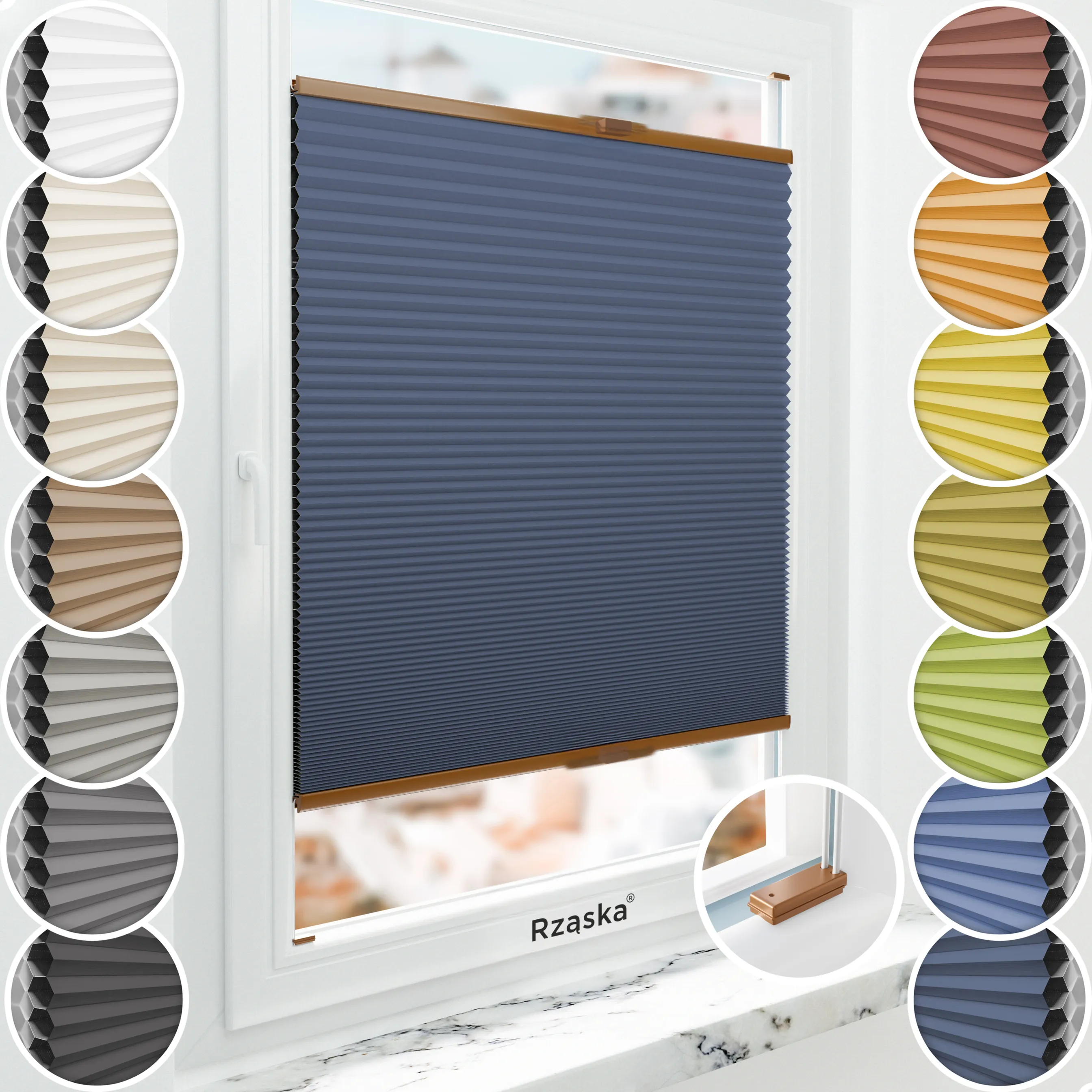 Inwazyjne plisy, rolety termoizolacyjne Rząska® na wymiar o strukturze plastra miodu kolekcja Honeycomb w kolorze Arktyczny ocean, ciemnoniebieskim z profilem dębowym.