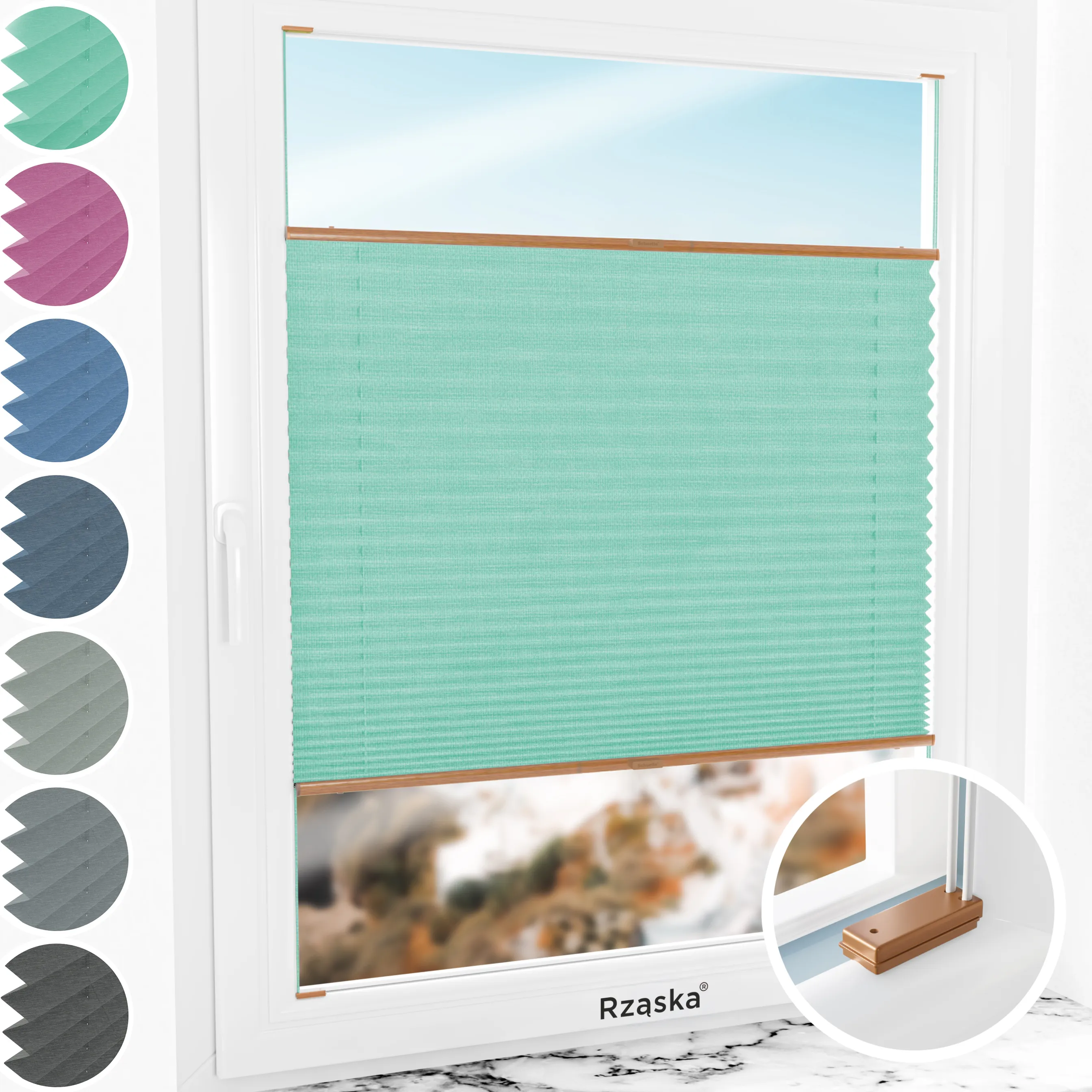 Inwazyjne rolety na okna Rząska® pod wymiar, uchwyty Risinfix do przykręcania, kolekcja Melange w kolorze Miętowe lody, zielonym z profilem dębowym.
