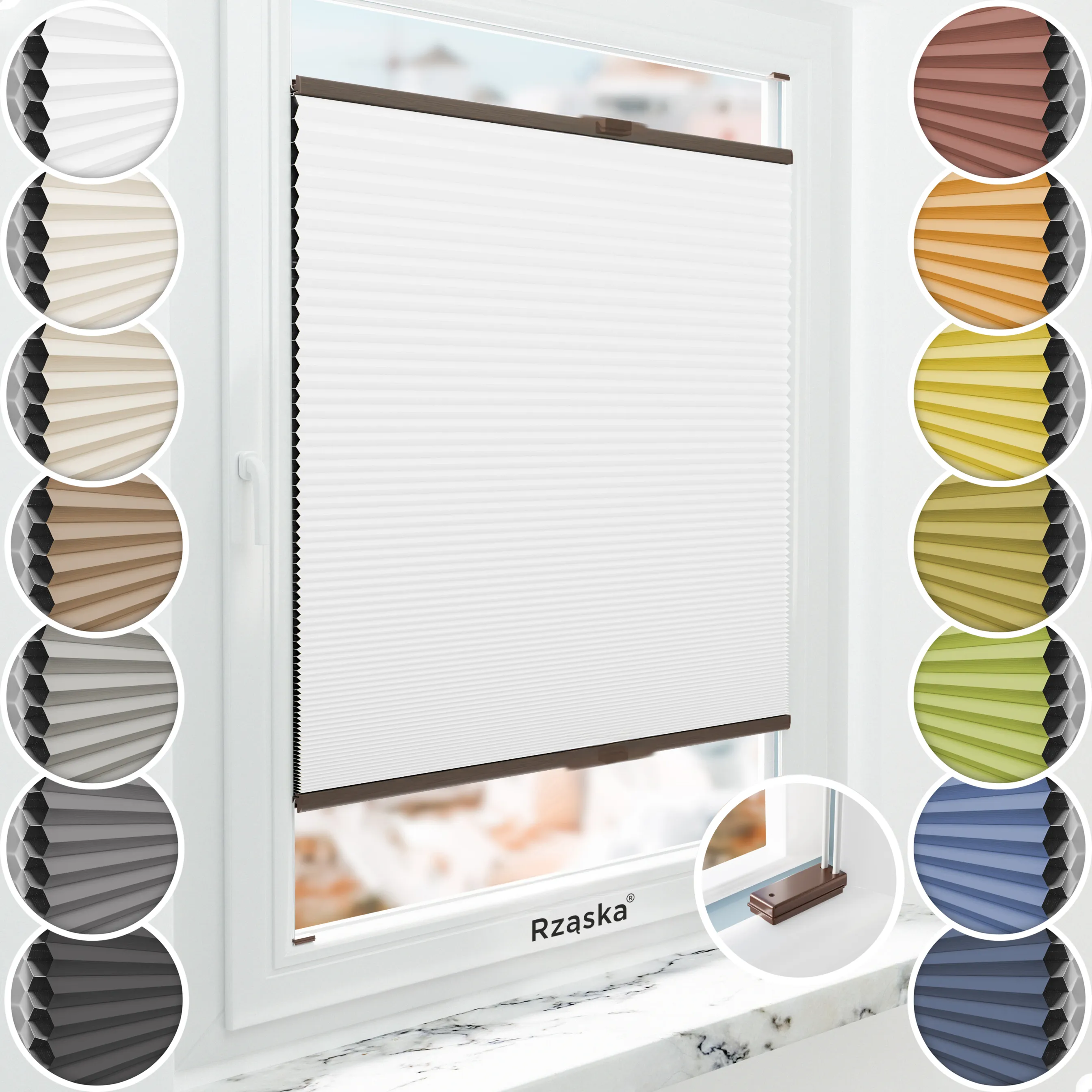 Inwazyjne plisy, rolety termoizolacyjne Rząska® na wymiar o strukturze plastra miodu kolekcja Honeycomb w kolorze Światło księżyca, białym z profilem orzechowym.